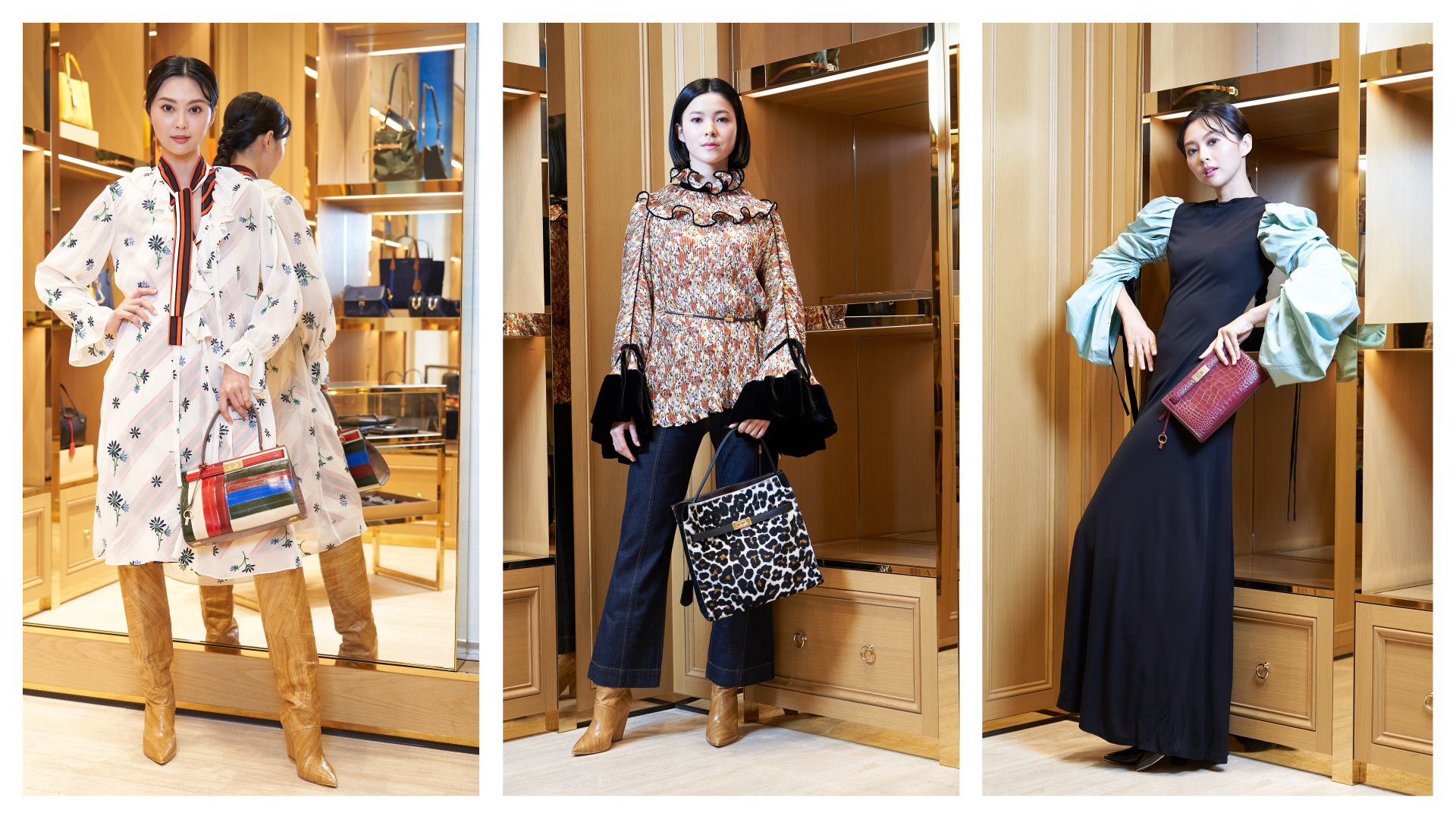 TORY BURCH今日在台北101舉辦秋冬發表會。（左）條紋混搭花卉印花透紗洋裝 售價$25,900、撞色Lee Radziwill 包 售價$31,900、駝色鰻魚皮及膝靴 價格未定（中）大荷葉邊領褶飾印花上衣女衫 售價$21,900、小喇叭牛仔褲 售價$8,690、麂皮豹紋Lee Radziwill 雙層包 售價52,900、駝色鰻魚皮及膝靴 售價未訂（右）塔夫綢撞色拼接長洋裝 售價$38,900、勃根地紅手拿肩背包 售價$25,900、黑皮及膝靴 售價未訂（TORY BURCH提供）