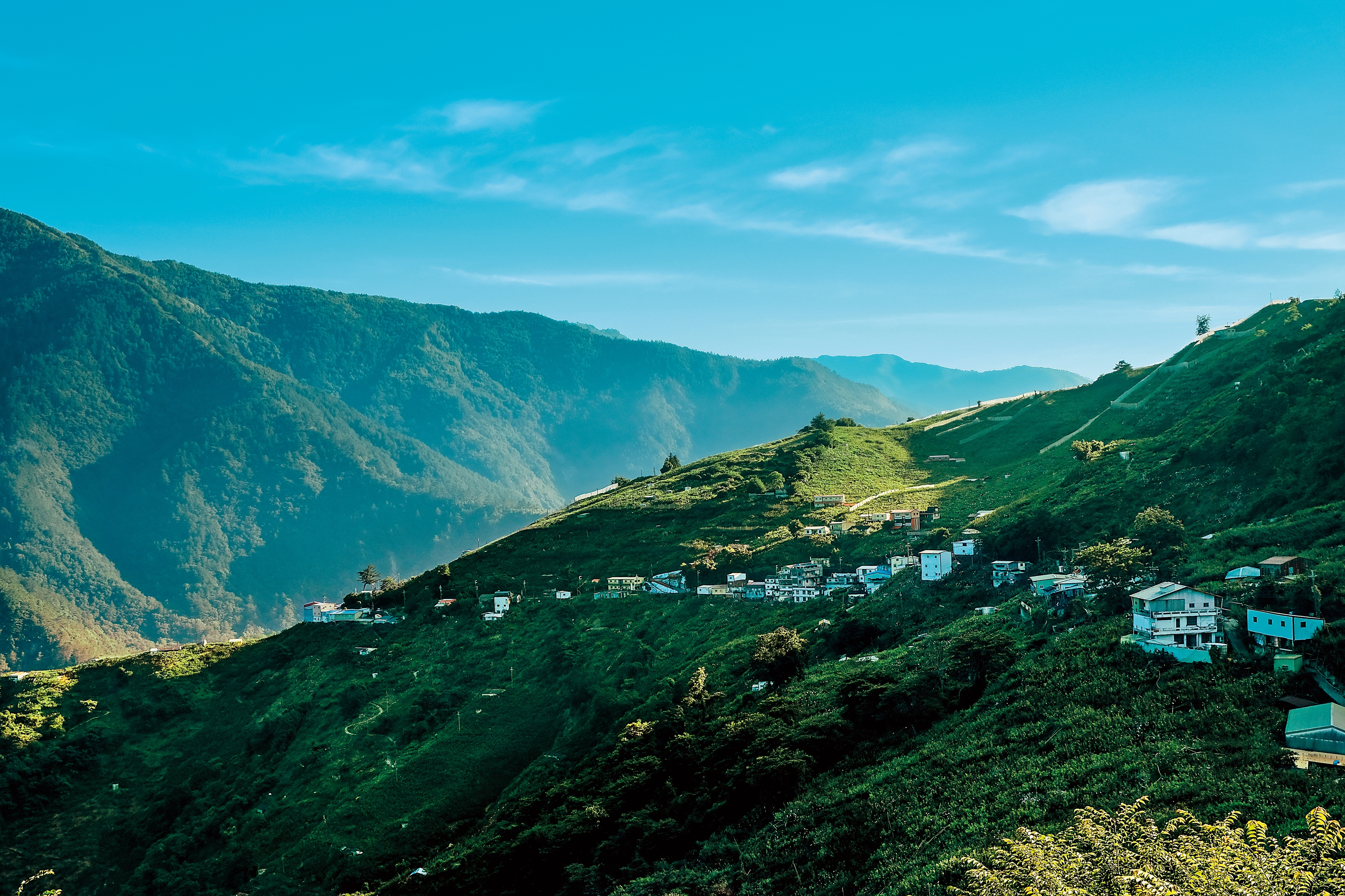 松茂部落依山傍水，前方為雪山山脈雪劍線及大甲溪。