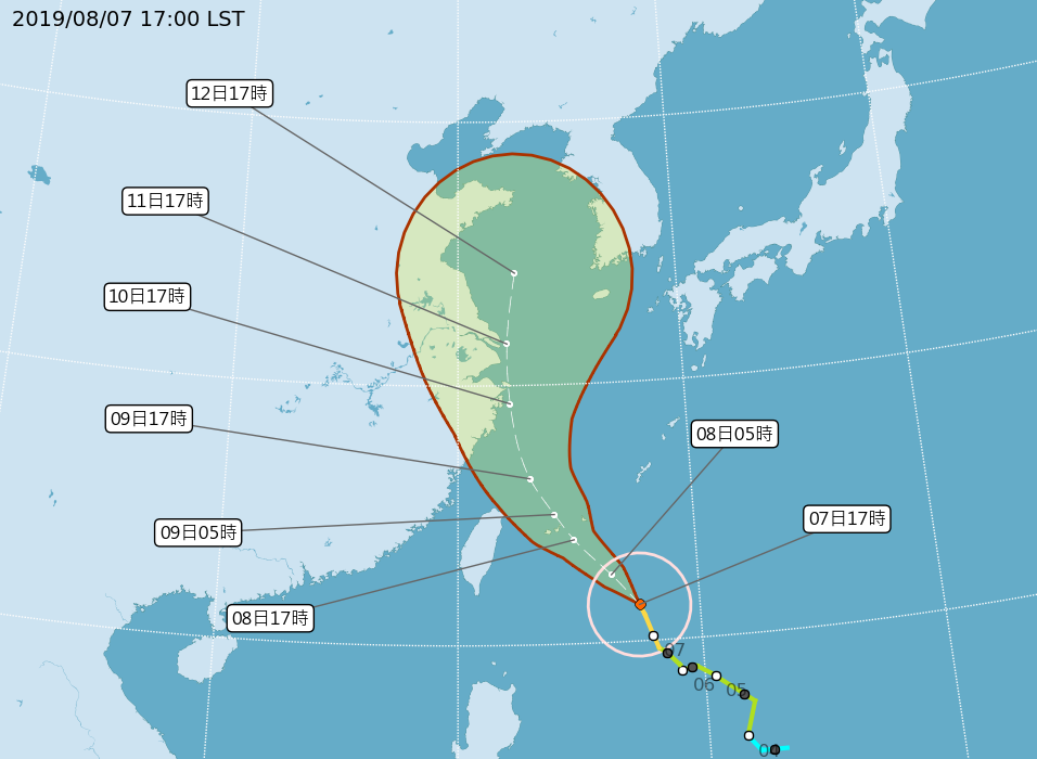 中颱利奇馬往西北移動，強度持續提升。（翻攝中央氣象局）