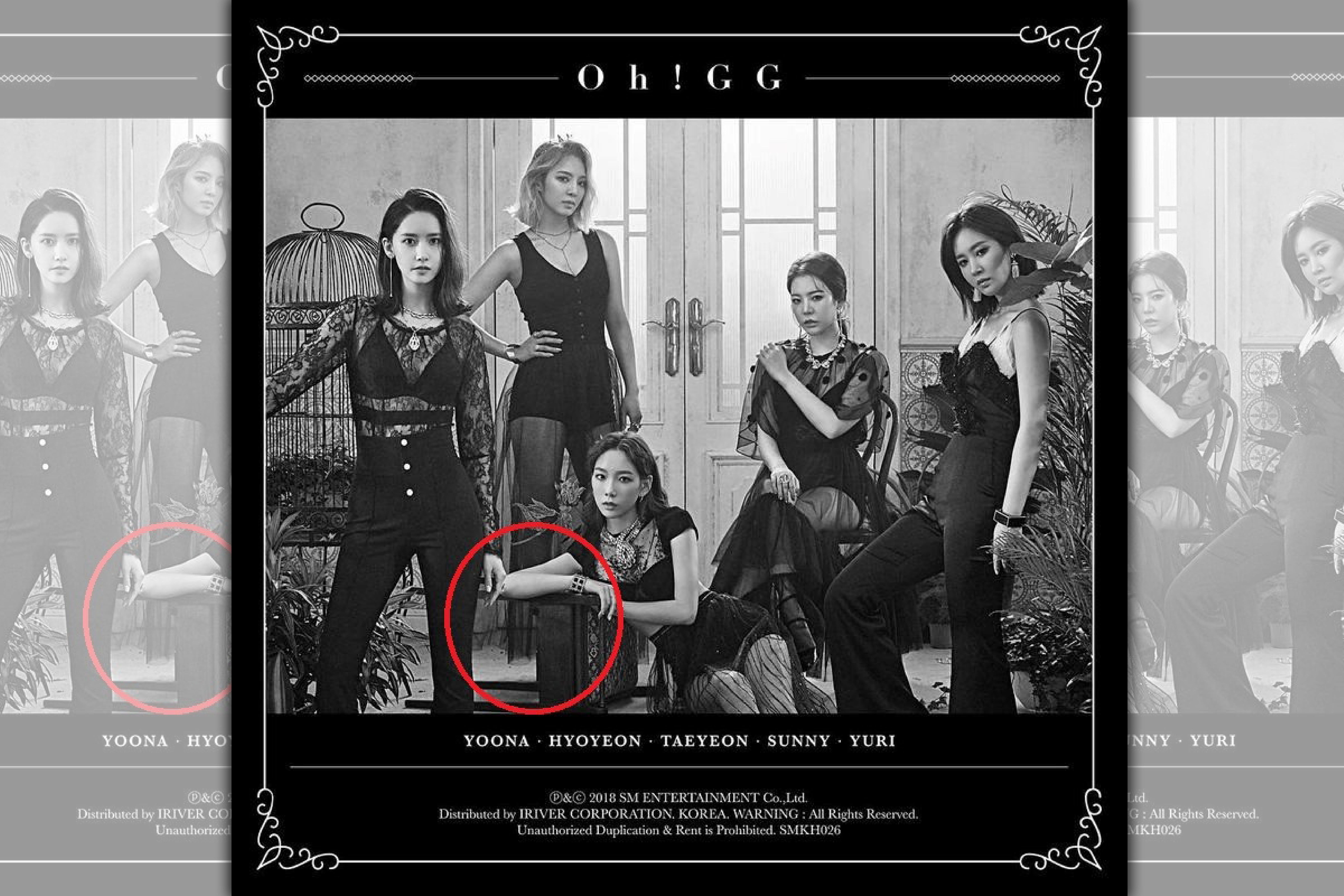 少女時代-OH!GG去年釋出新歌〈Lil' Touch〉宣傳照，孝淵的右小腿竟被修到憑空消失（紅圈處）。（翻攝自少女時代官網）