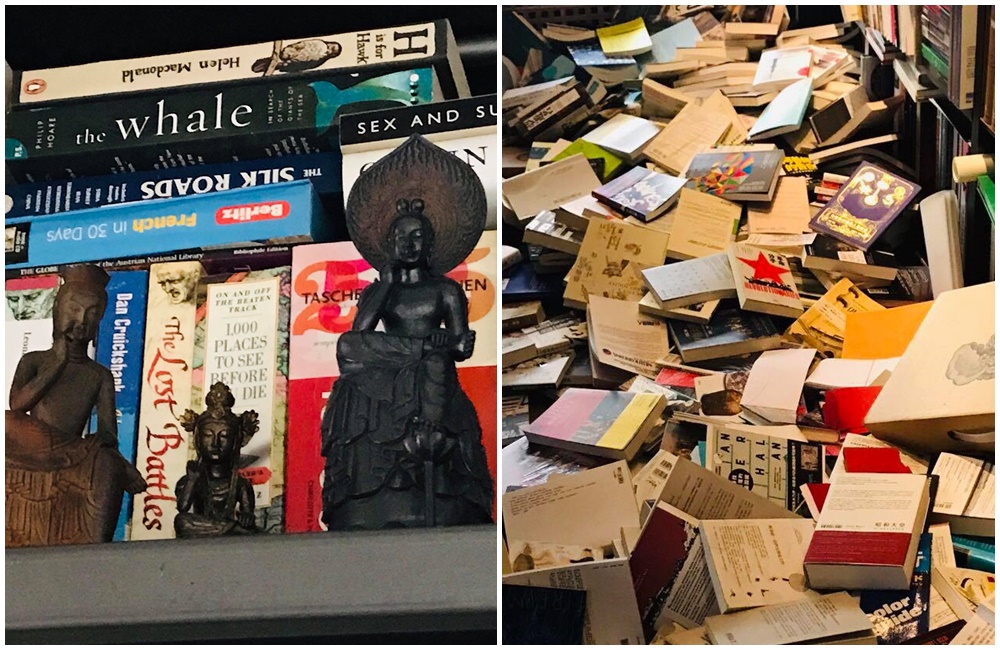 謝哲青po出家中地震災情，藏書跌落滿地。（翻攝自謝哲青粉絲專頁）