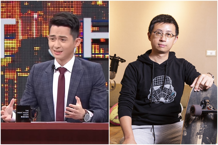 脫口秀節目主持人博恩(左)遭爆開鄭南榕玩笑引起爭議,台北市議員邱威傑(呱吉,右)在臉書表示,希望社會對喜劇演員更寬容。(左圖翻攝自博恩夜夜秀YouTube)