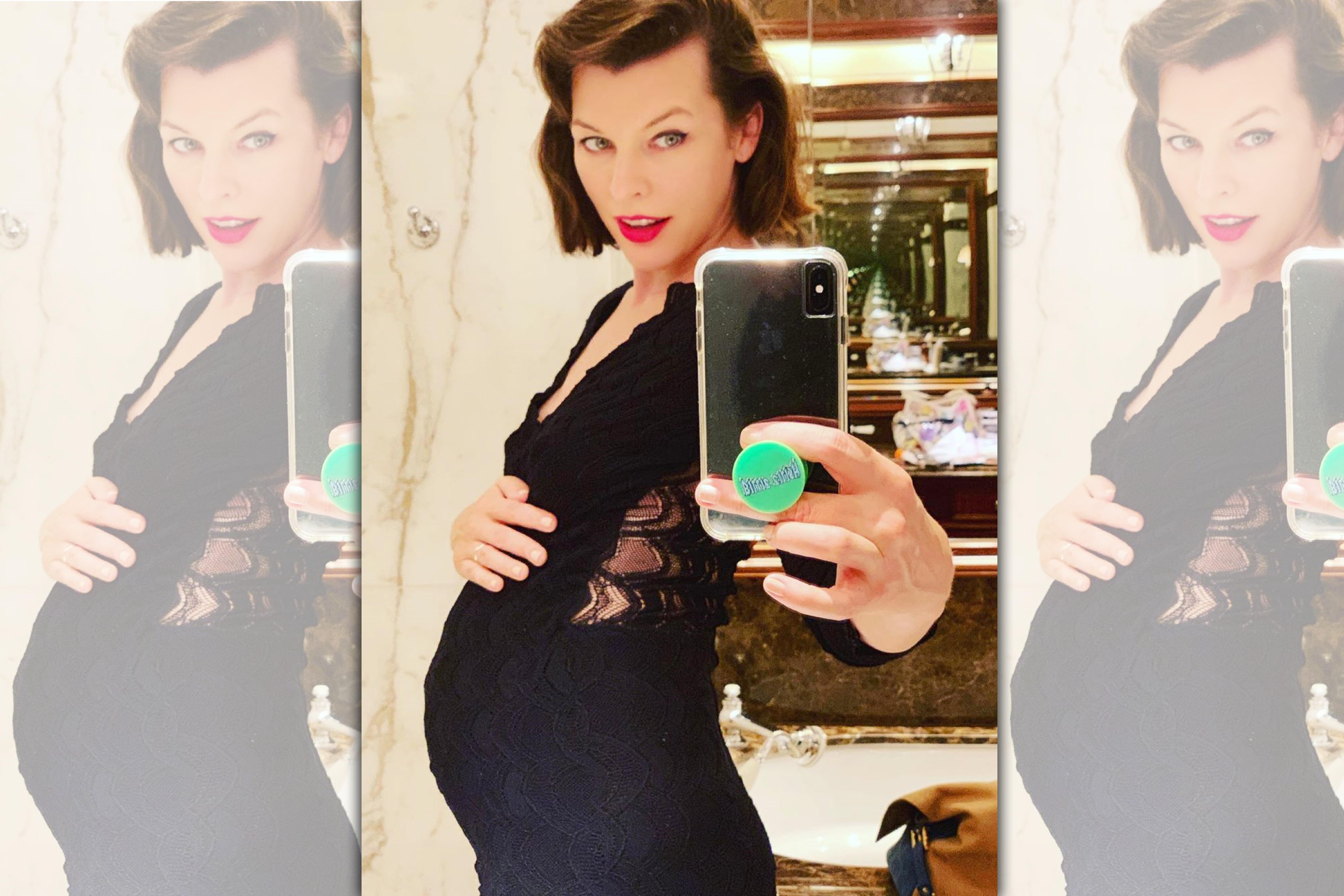 蜜拉喬娃維琪在IG貼出孕肚照，驚喜公開懷第三胎喜訊。（翻攝自蜜拉IG）