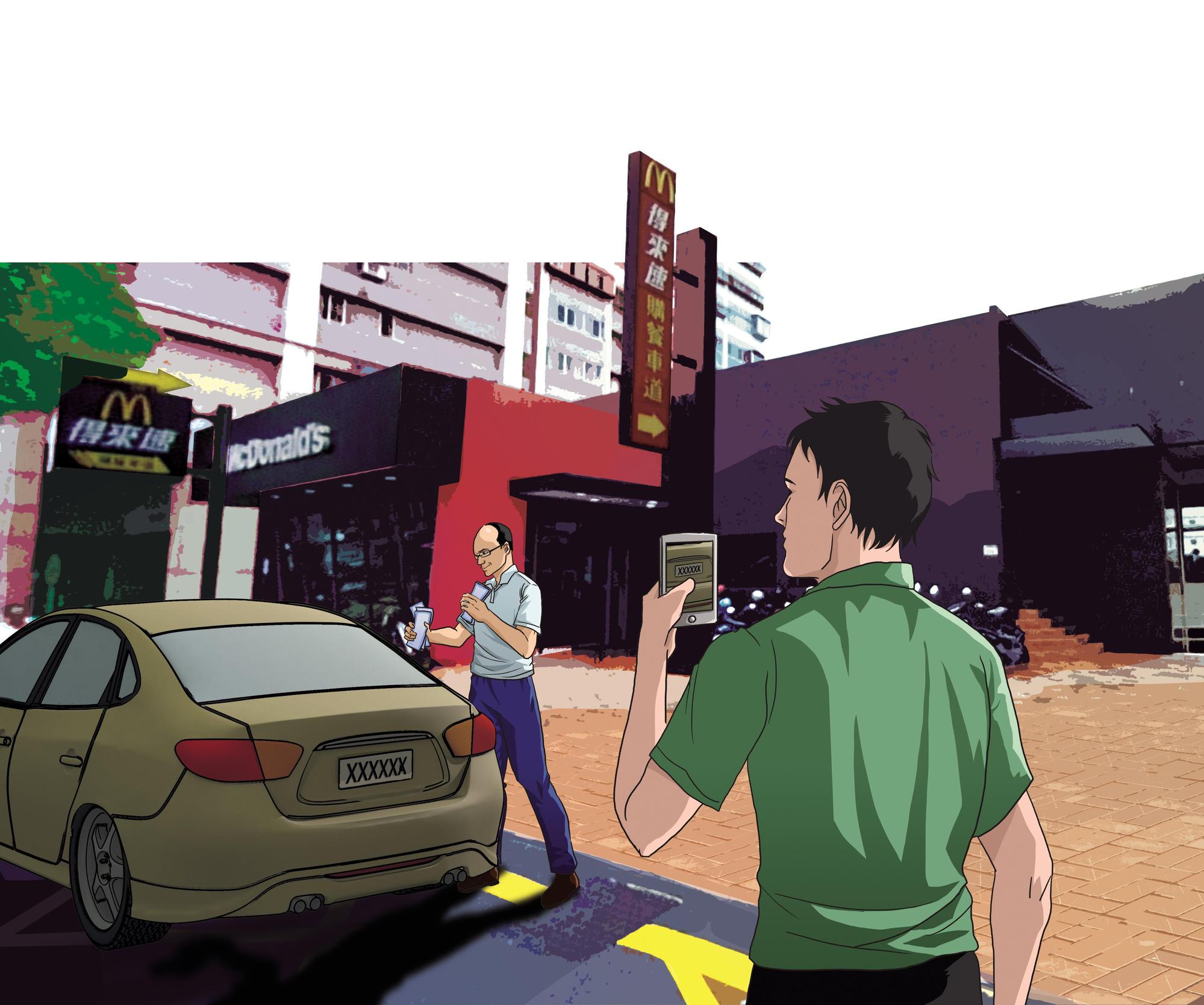 主嫌邱合成開車載共犯陳志仁（左）取款時，陳的面貌及邱的車號都被肉票家屬（右）用手機偷拍，成為破案關鍵。