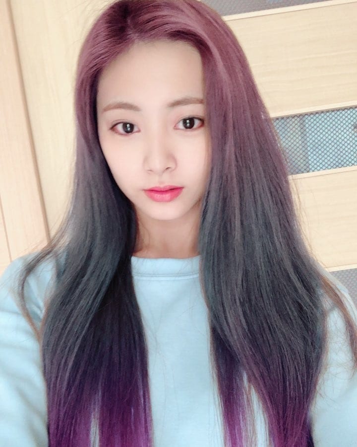子瑜上月底才玩變髮軟體，在IG放上紫髮自拍照。（翻攝自TWICE IG）