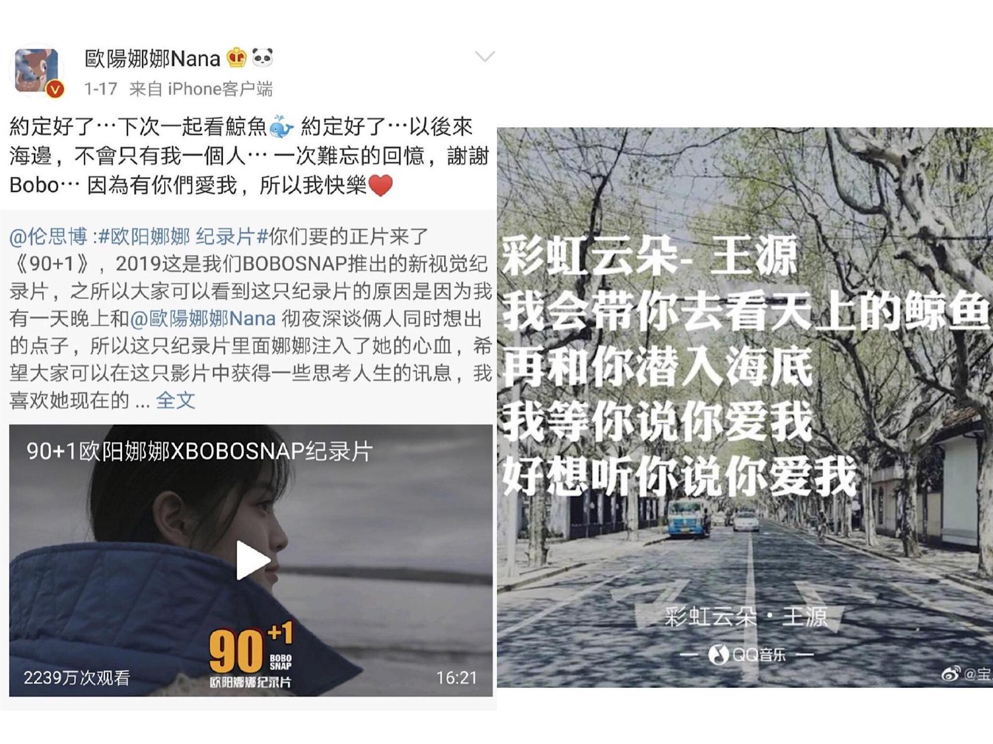 歐陽娜娜曾經透露想跟喜歡的人一起去看鯨魚，跟王源新歌歌詞雷同。（左圖翻攝自歐陽娜娜微博、右圖翻攝自寶二姨微博）