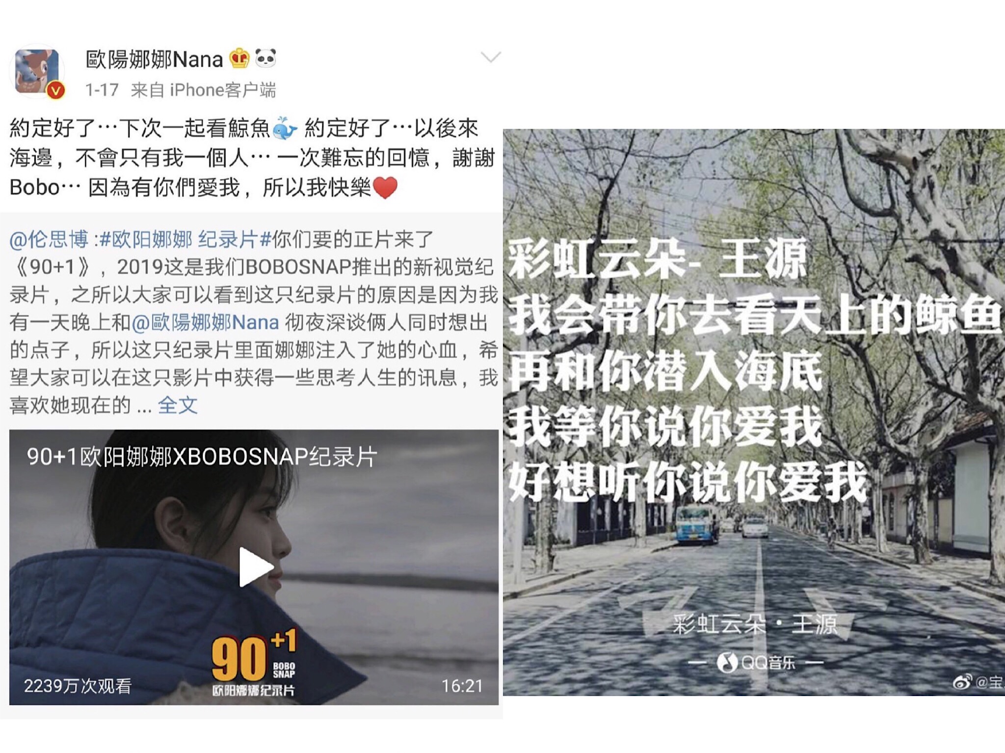 歐陽娜娜曾經透露想跟喜歡的人一起去看鯨魚，跟王源新歌歌詞雷同。（左圖翻攝自歐陽娜娜微博、右圖翻攝自寶二姨微博）