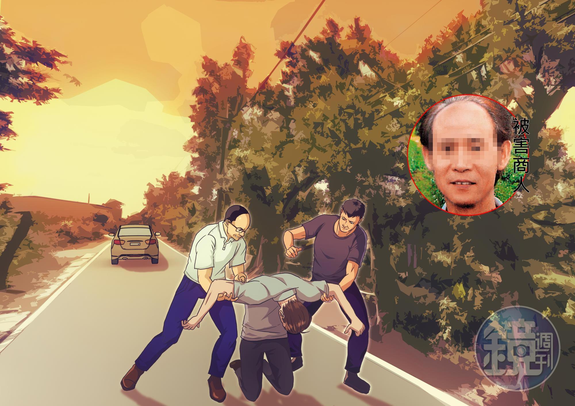 邱合成(右)將車開到林口山區後,與陳志仁(左)合力勒死鄭玉欽(中),將屍體棄置於一旁邊坡,並以樹枝覆蓋遮掩。