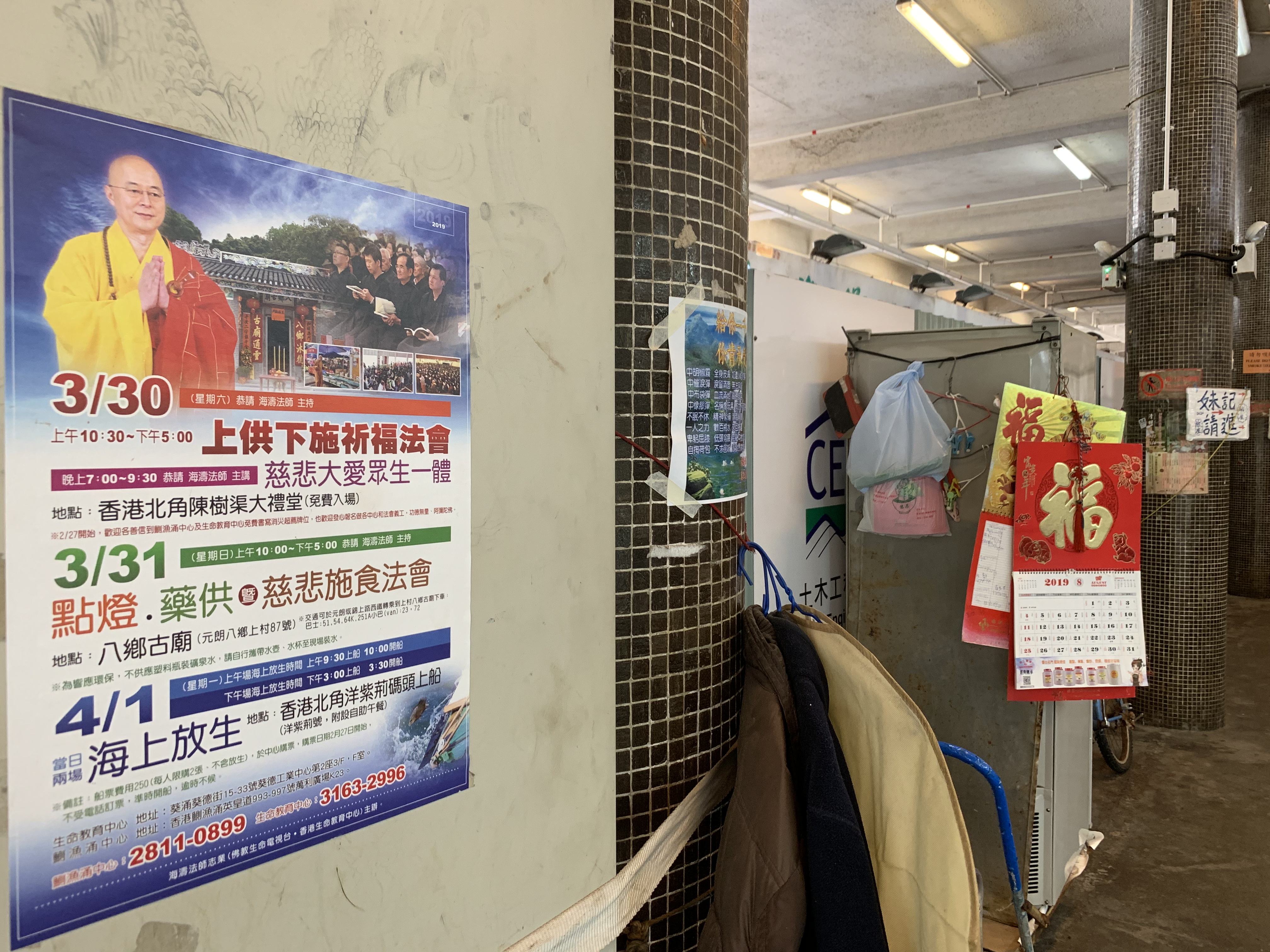 北角碼頭常年貼著海濤的放生活動布告。