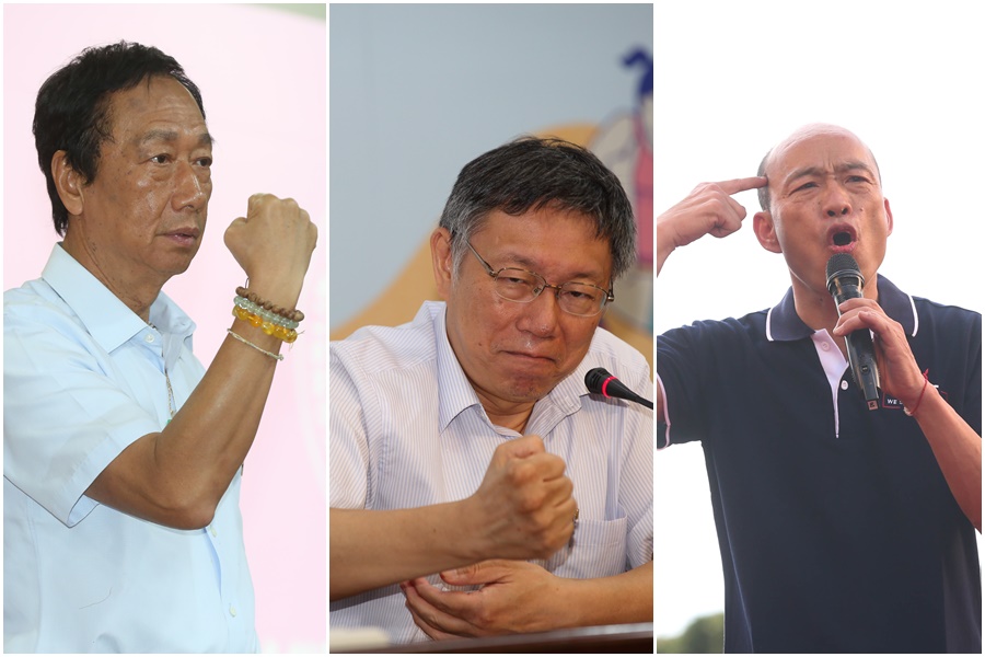 台北市長柯文哲（中）在政論節目中表態挺郭台銘（左），還酸韓國瑜（右）因為什麼都沒做，在2020選戰沒負擔。