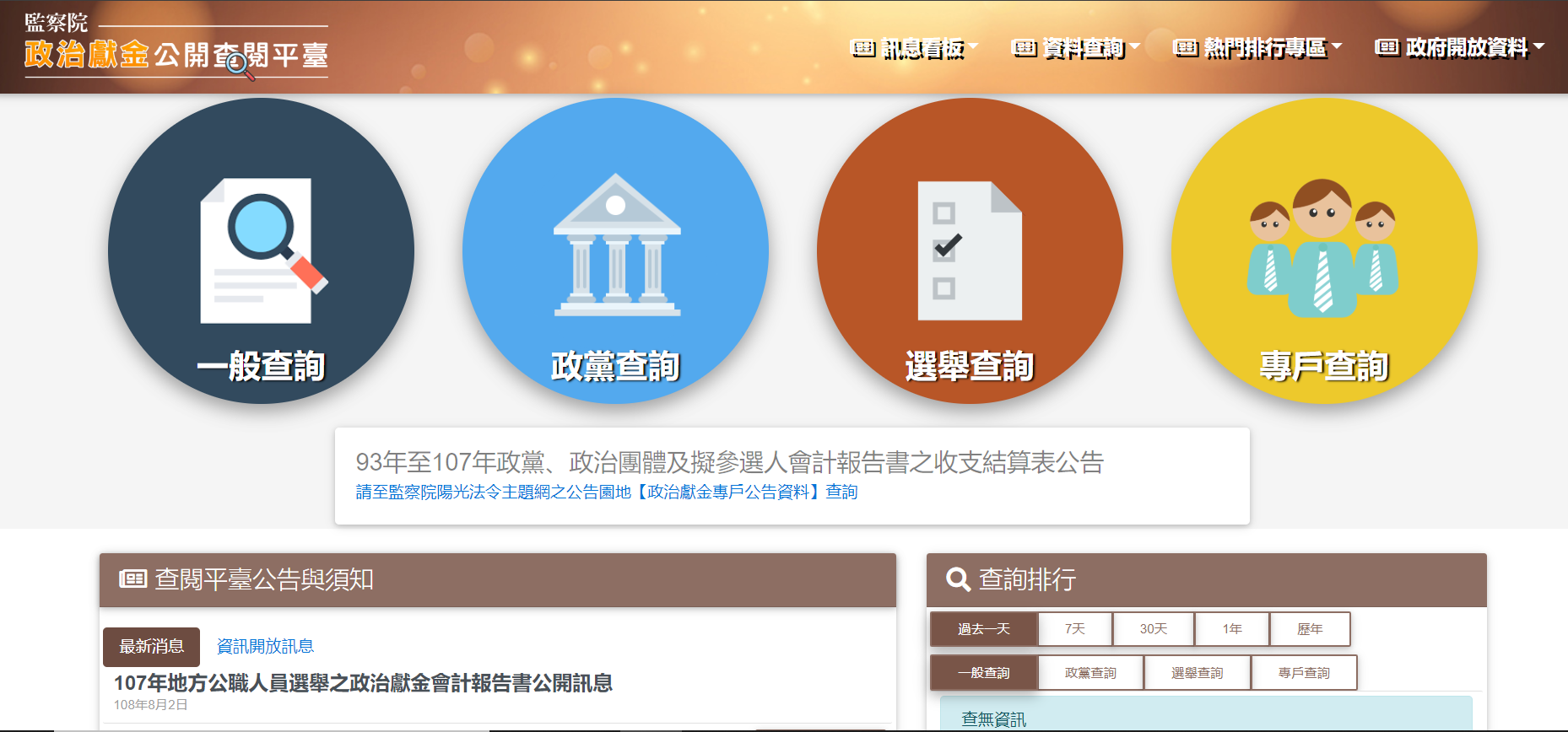 監察院政治獻金公開查閱平台今正式上線，可查詢去年9合1選戰政治獻金資料。（翻攝監察院官網）