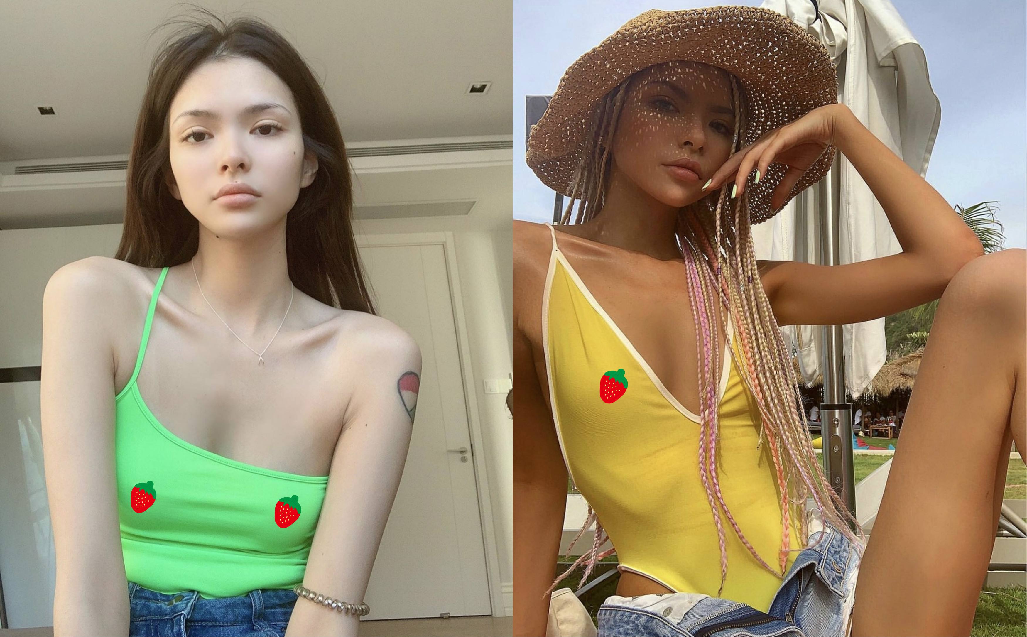 Naomi身穿螢光綠單邊細帶小背心，還沒穿內衣，凸顯兩點沒在怕。（翻攝自Naomi 康雅馨IG）