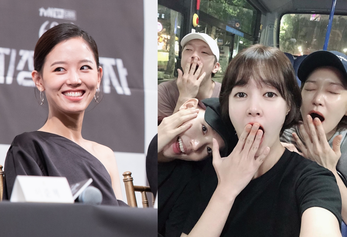 姜漢娜（右圖左1）與《指定倖存者：60日》同劇演員去看舞台劇，因誇張舉動影響到旁人觀劇情緒，被上網批評。（Netflix提供／翻攝自姜漢娜IG）