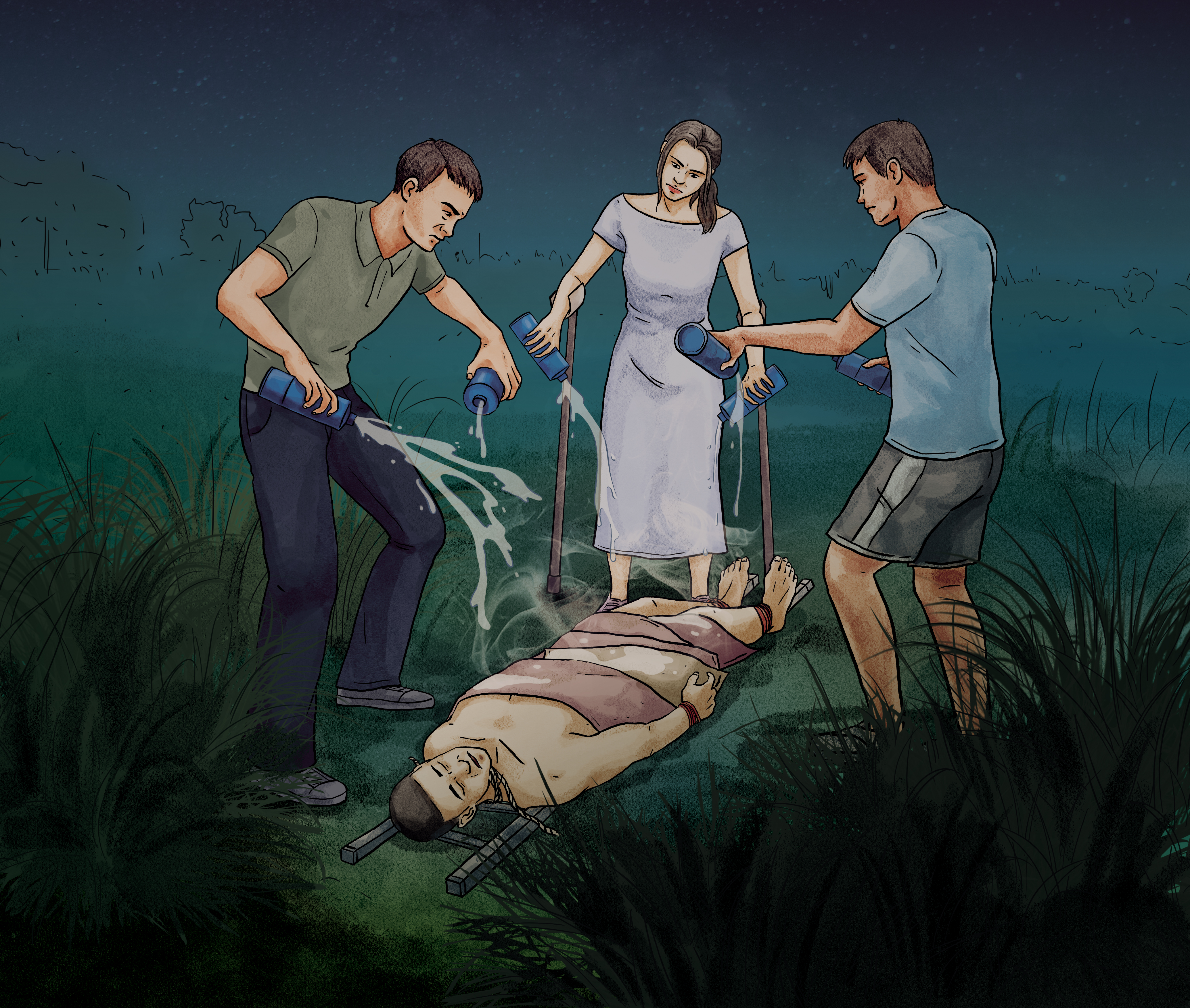 潘明秀（中）教唆弟弟潘明鴻（左）與新歡鄭連金（右）扒光徐志忠衣物，對其潑灑強酸，並推下山坡棄屍。