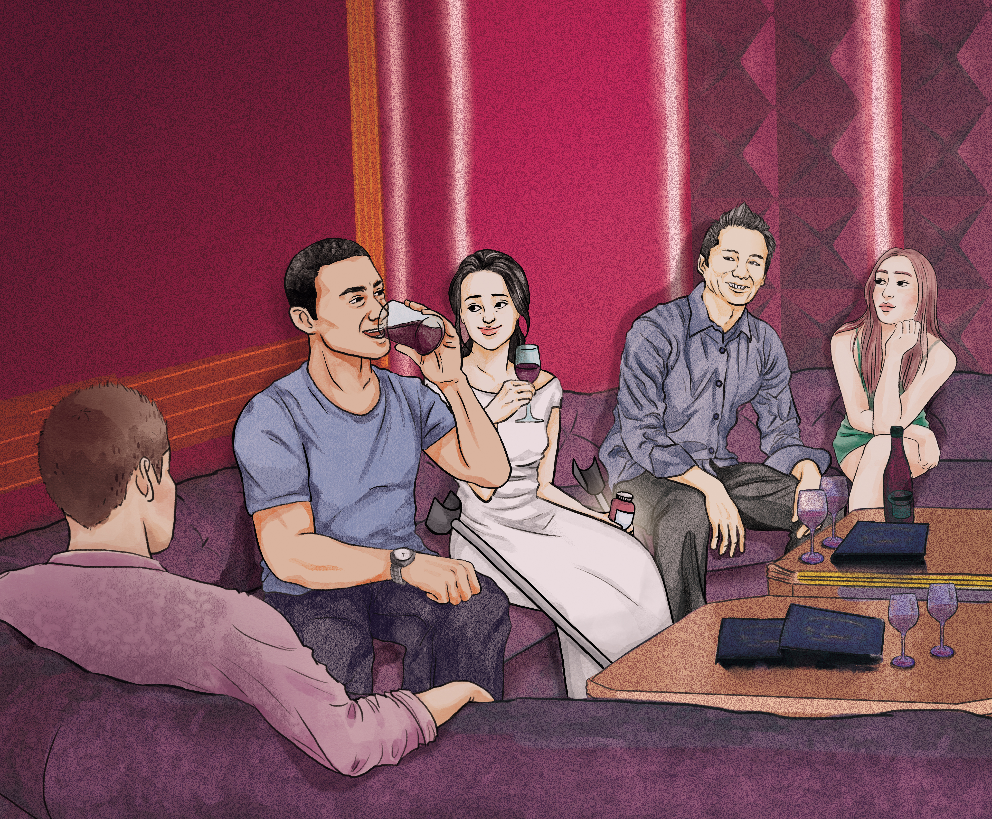 潘明秀（右3）夥同朋友灌醉徐志忠（左2），並在徐的酒中摻入安眠藥。