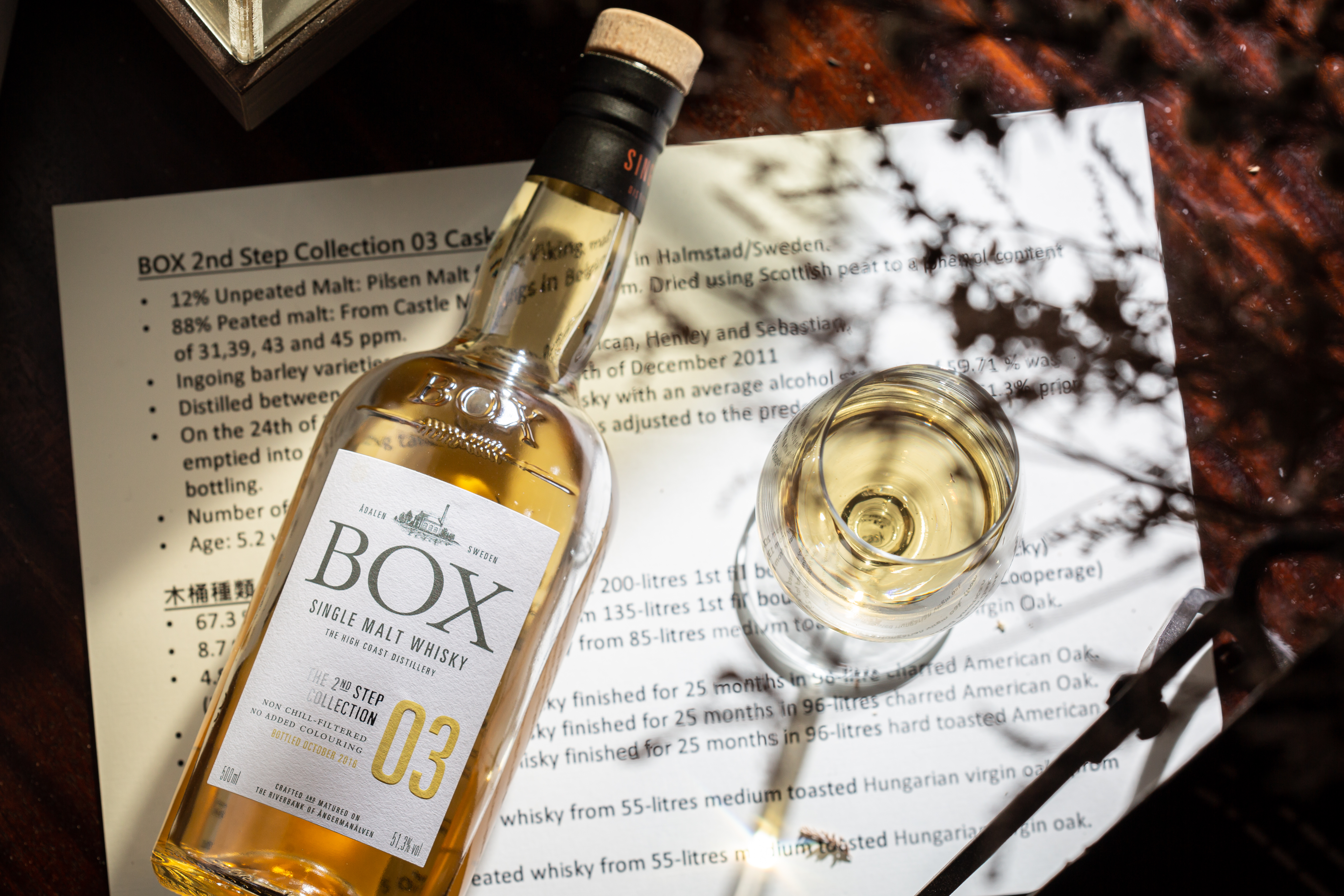 瑞典威士忌「BOX 2nd Step Collection 03 尋旅系列三號作品最終章」，帶濃郁泥煤味及皮革味。 （350元／杯）