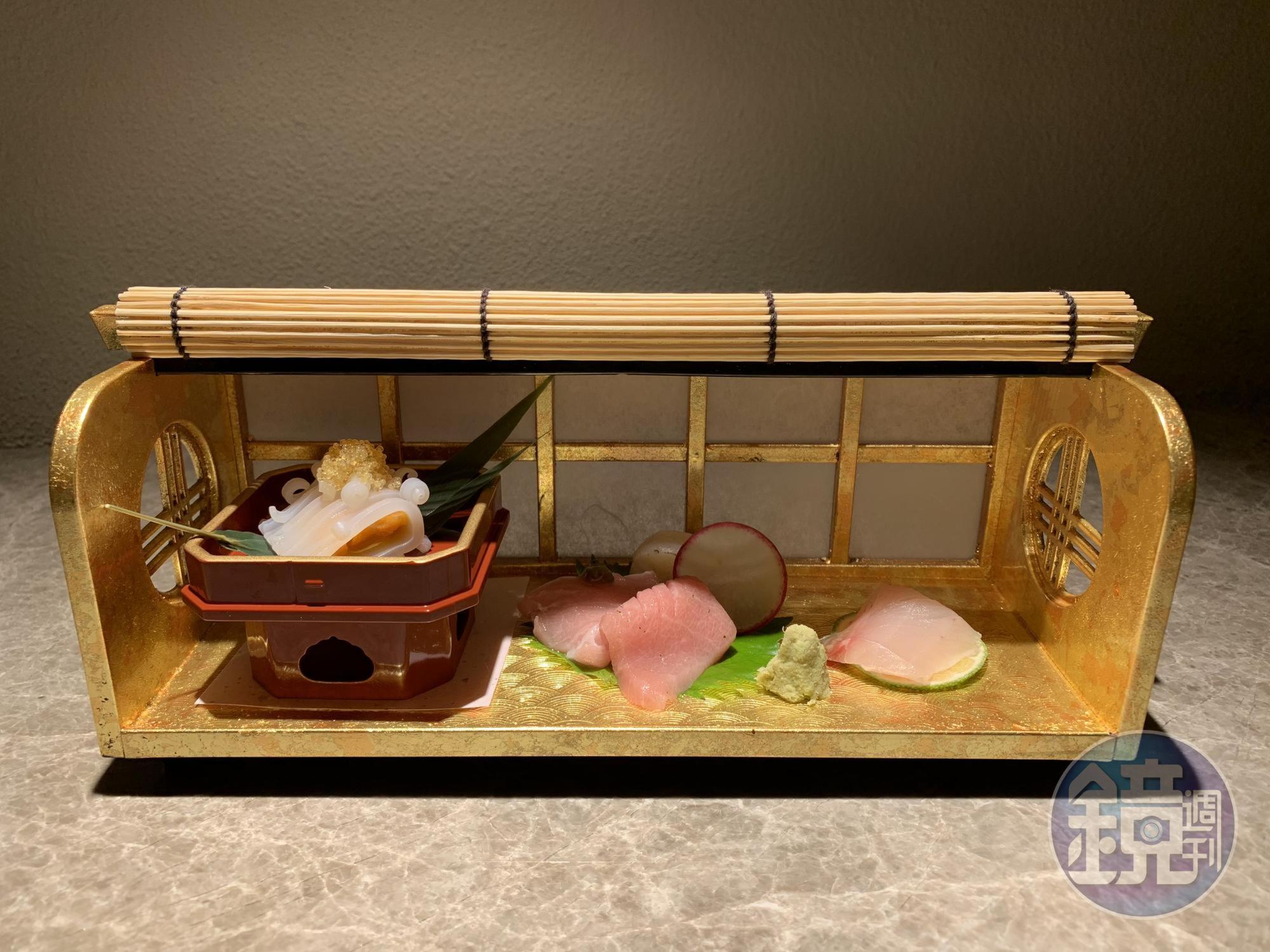 刺身「四奌盛合」吃得到槍烏賊海膽卷、日本富山白蝦、鹿兒島白甘魚和黑鮪魚大腹。（4,800元套餐菜色）