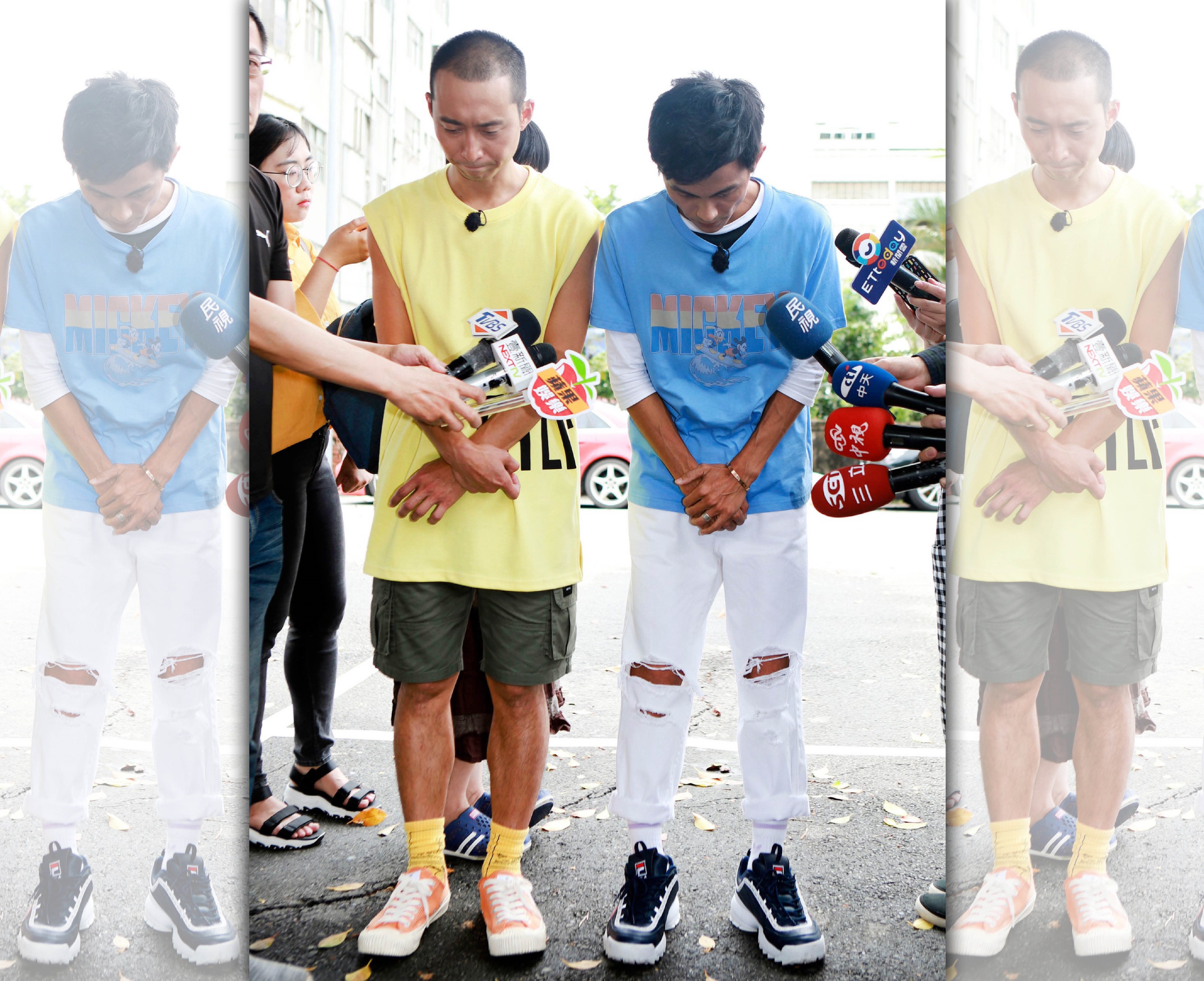 浩子陪同阿翔受訪，並一起鞠躬致意。（時代創藝提供）