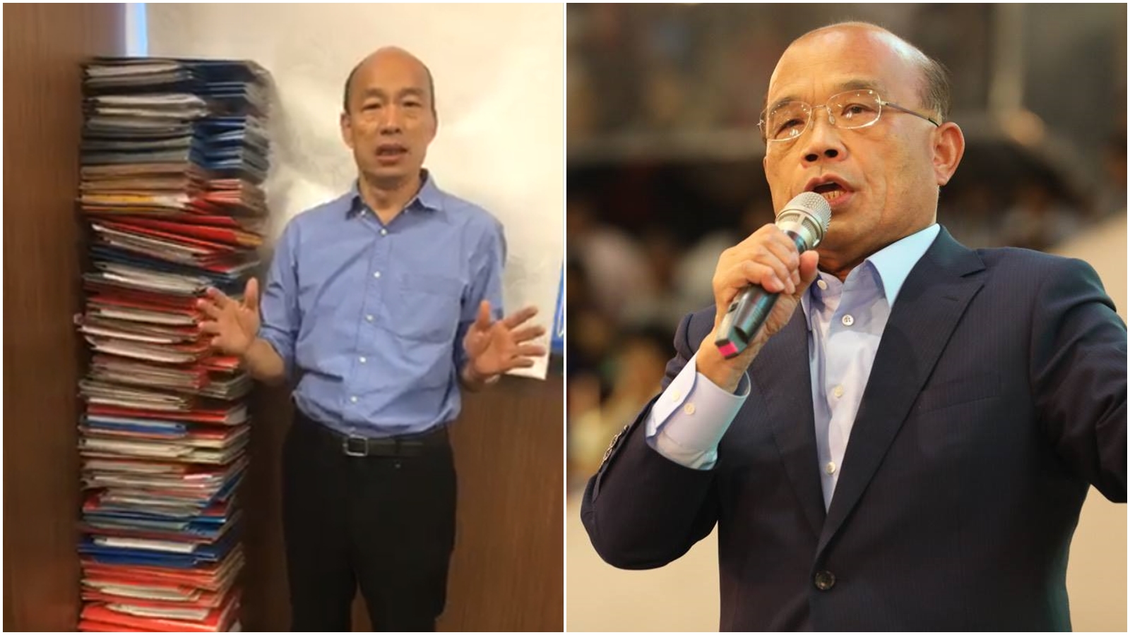 韓國瑜針對批公文大賽,中午開直播叫陣蘇貞昌。(翻攝韓國瑜、蘇貞昌臉書)