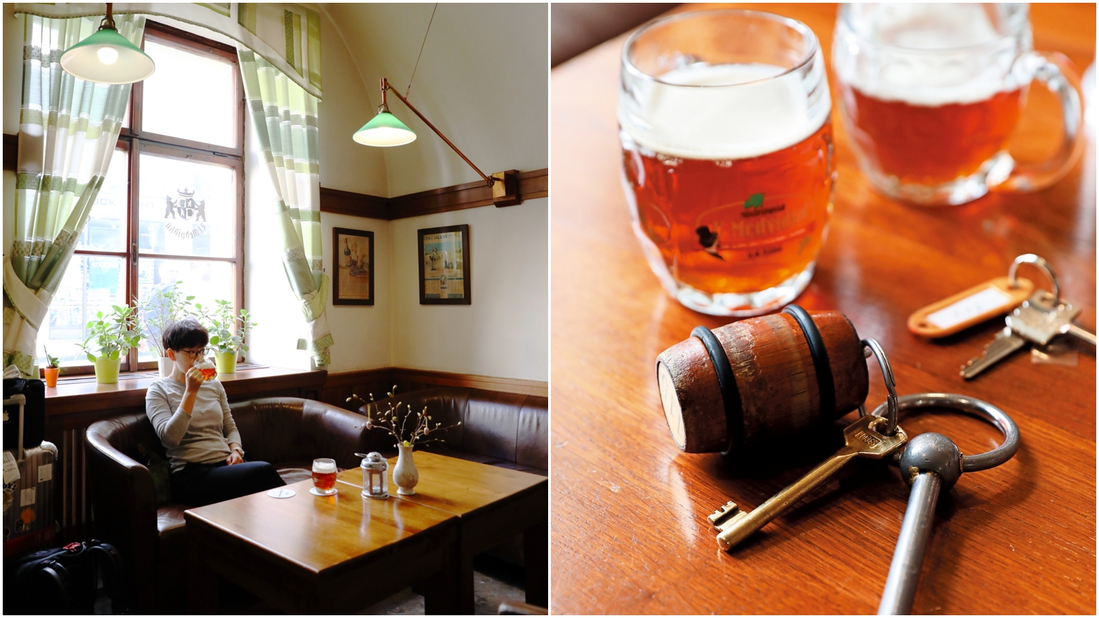 左：等待Check in的時候，酒店就會先送上一杯迎賓啤酒。右：酒店的鑰匙圈也是啤酒桶造型。