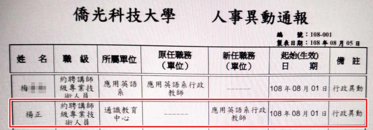 楊正是校長之子，校方8月公告聘他擔任應用英語系行政教師，已涉嫌違反規定。