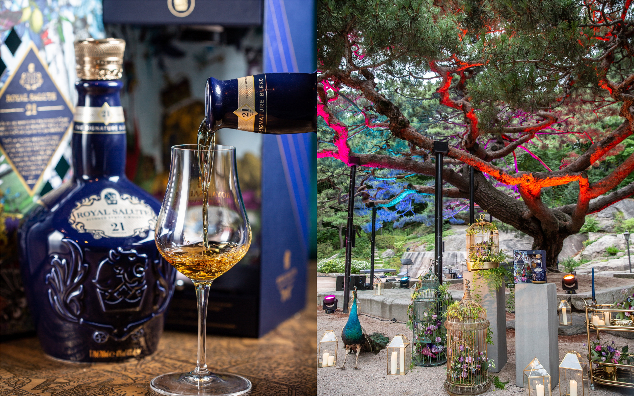 「皇家禮炮」選定首爾舉行國際發表晚宴。重頭戲是換上藝術家創作的插畫外盒的「21年調和式蘇格蘭威士忌」（左，2,980元／瓶）。