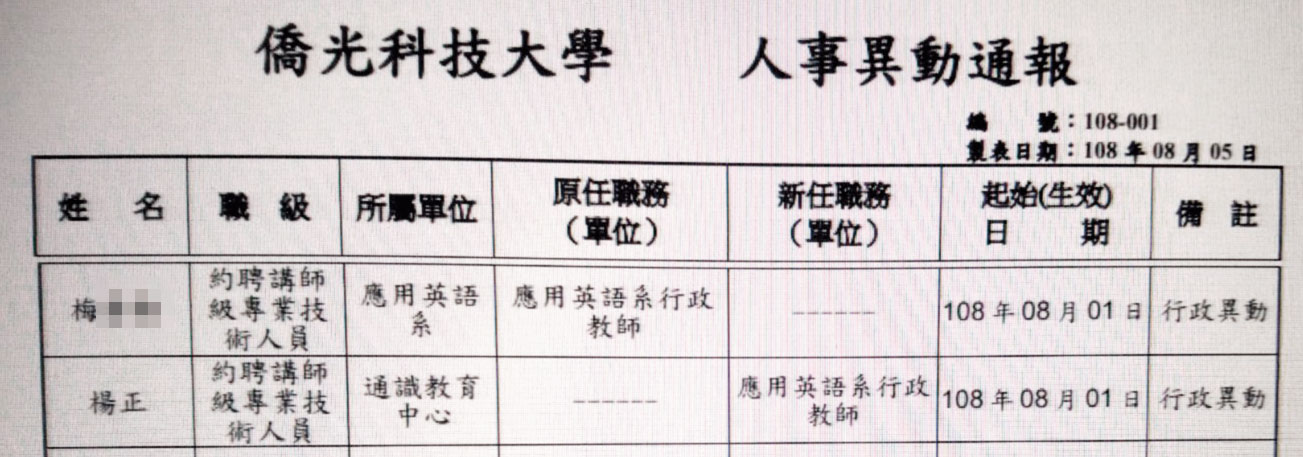 楊正是校長之子，校方8月公告聘他擔任應用英語系行政教師，已涉嫌違反規定。