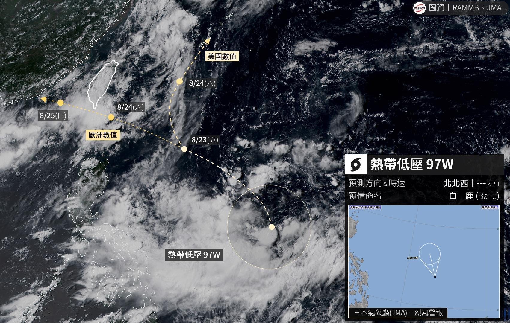 準「白鹿」目前結構尚差,隨著整合調整過程,可能影響路徑。(翻攝臉書粉絲專頁「台灣颱風論壇|天氣特急」)
