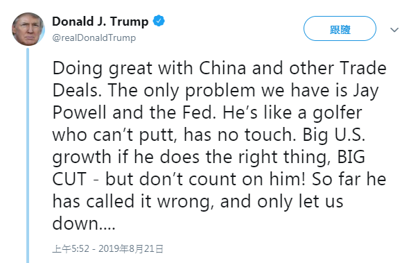 川普昨日推文再度指向聯準會主席鮑爾，稱他是美國經濟發展更好的阻礙。（翻攝川普推特）