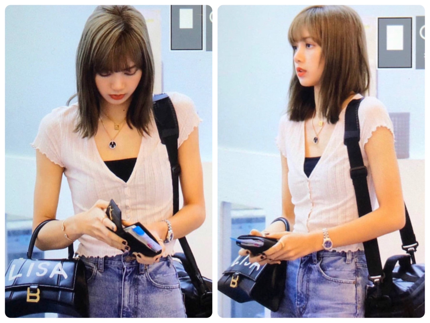 Blackpink成員Lisa在機場被拍到拎著BALENCIAGA黑色沙漏包。（翻攝自lisa_xblackpinkx IG）