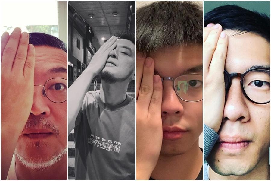 南韓藝人金義聖、香港歌手黃耀明、社運人士黃之鋒、羅冠聰聲援Eye4HK活動。(翻攝金義聖、黃耀明、黃之鋒、羅冠聰IG)