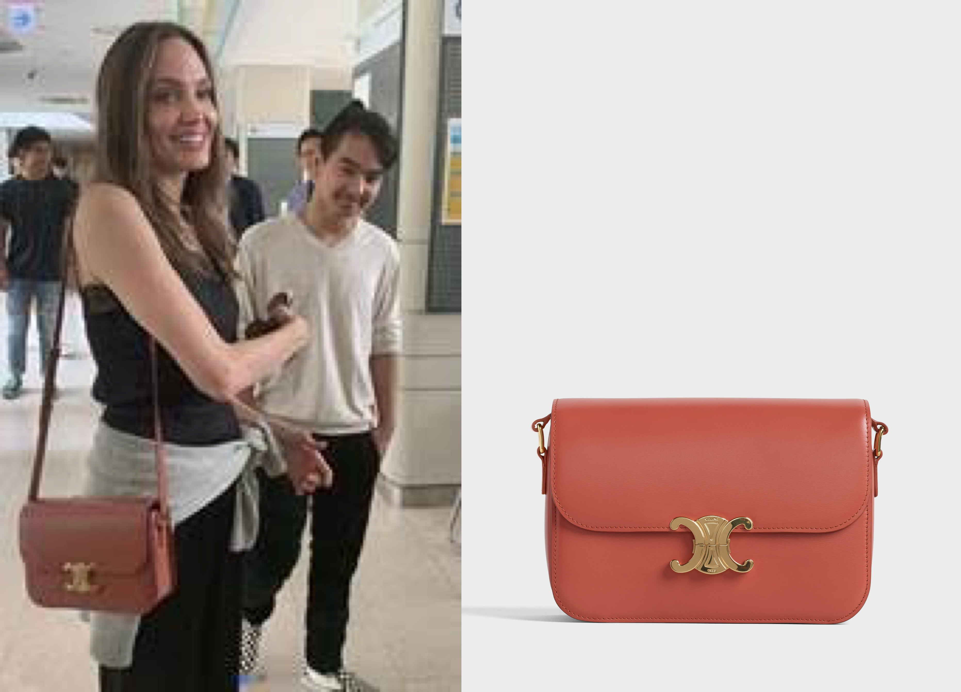 安潔莉納裘莉日前帶兒子Maddox參加韓國延世大學的新生註冊座談會，被捕抓到背著CELINE的Triomphe包。 Triomphe陶瓦紅光滑小牛皮中型肩背包 NT$115,000。（CELINE提供）