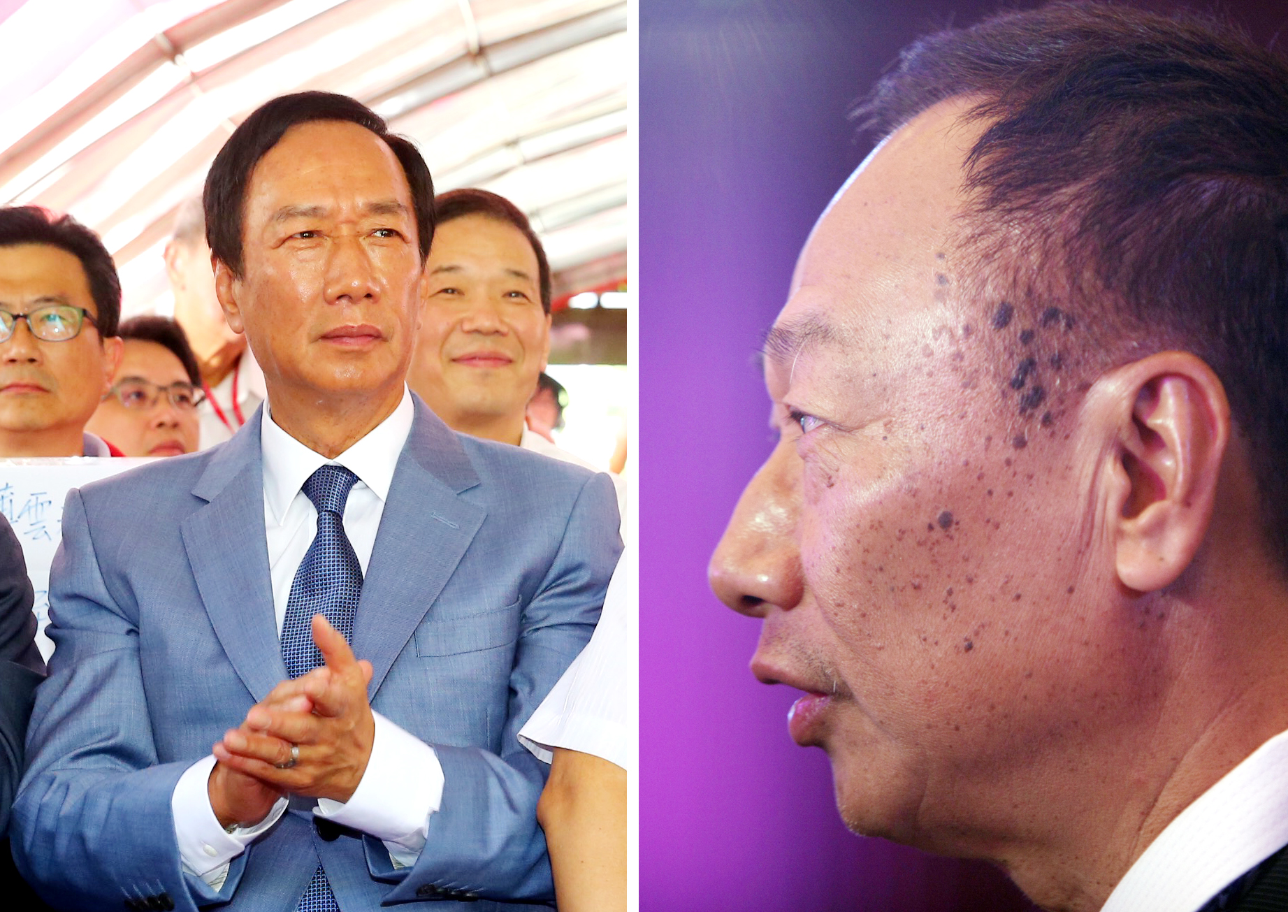 出席郭王柯三人會，郭台銘頭髮變黑、皮膚回春，與6年前相比年輕至少10歲。（左為本刊資料照，右為東方IC）