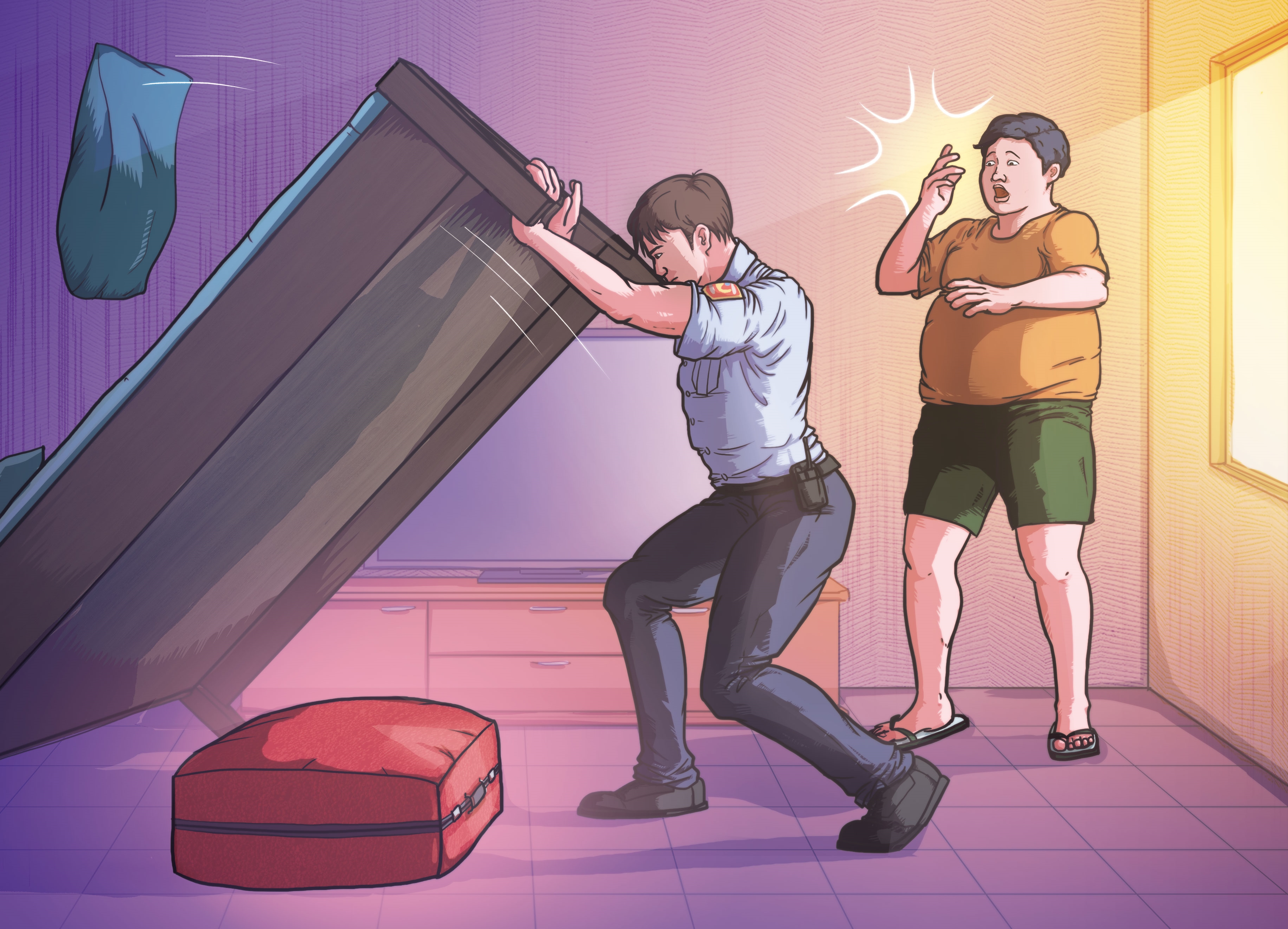 張姓員警一把掀起床架，發現屍藏行李箱。