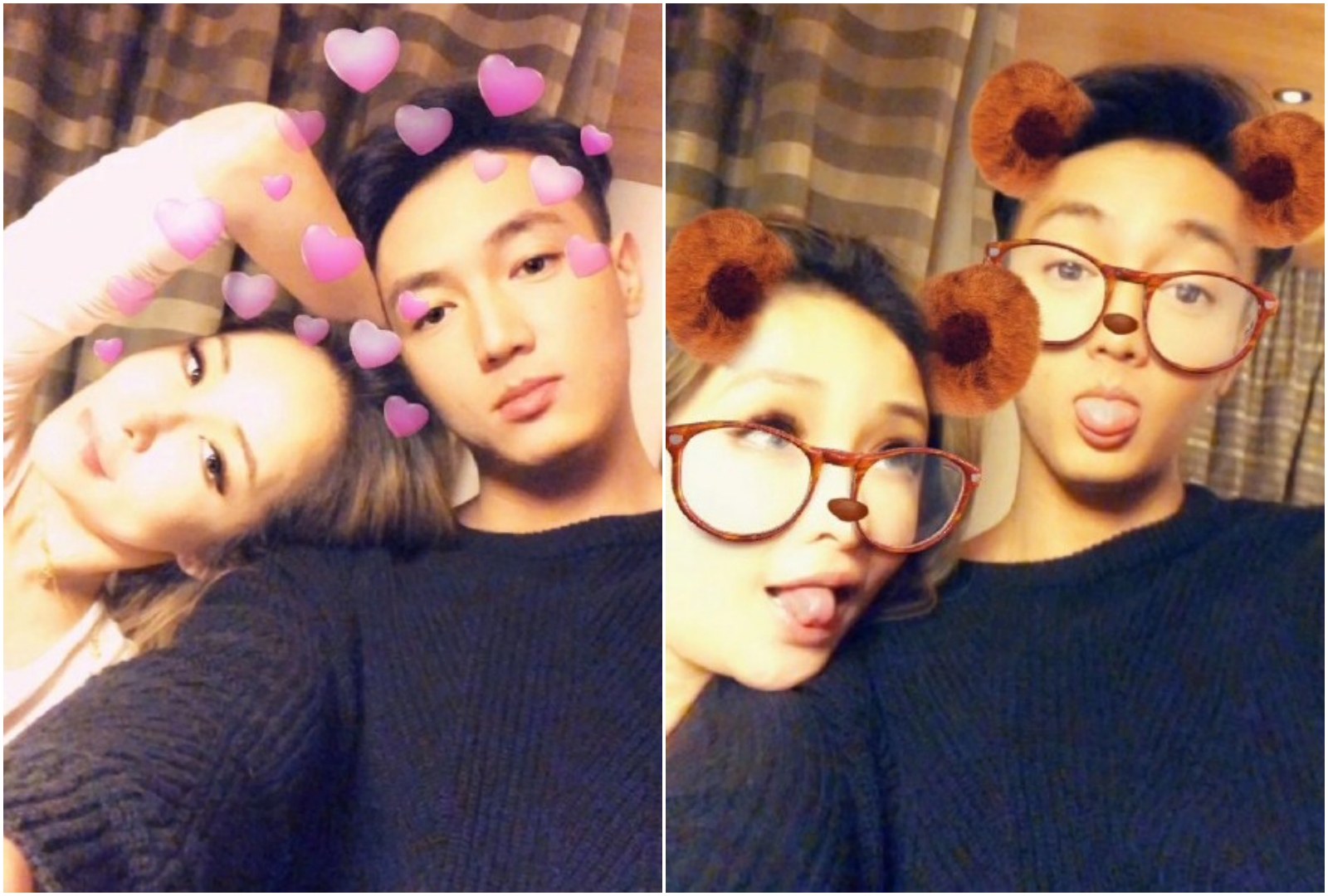 蕭亞軒生日貼出與男友黃皓一起裝可愛的照片，大方認愛放閃。（翻攝自蕭亞軒微博）