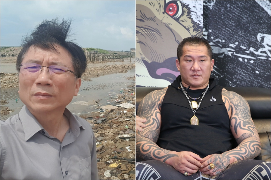 桃園市議員詹江村（左）指控館長（右）販賣的雞胸肉廣告不實，雙方隔空交火。（左圖翻攝自詹江村專頁臉書）