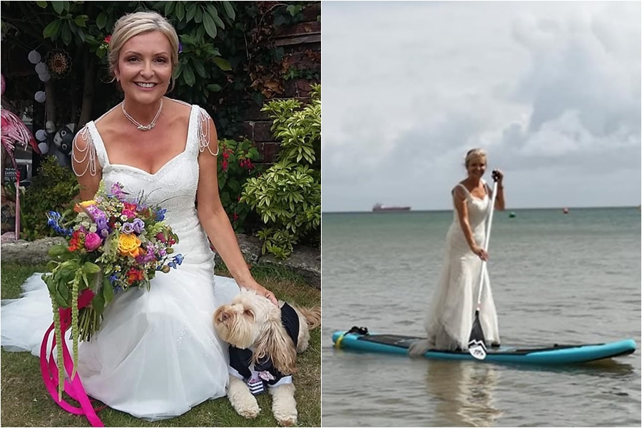 英國一名女子婚後繼續穿著婚紗過生活，不論打掃做家事、外出購物甚至出海划橡皮艇，都穿著雪白婚紗行動。（翻攝自The life and times of a wedding dress臉書）