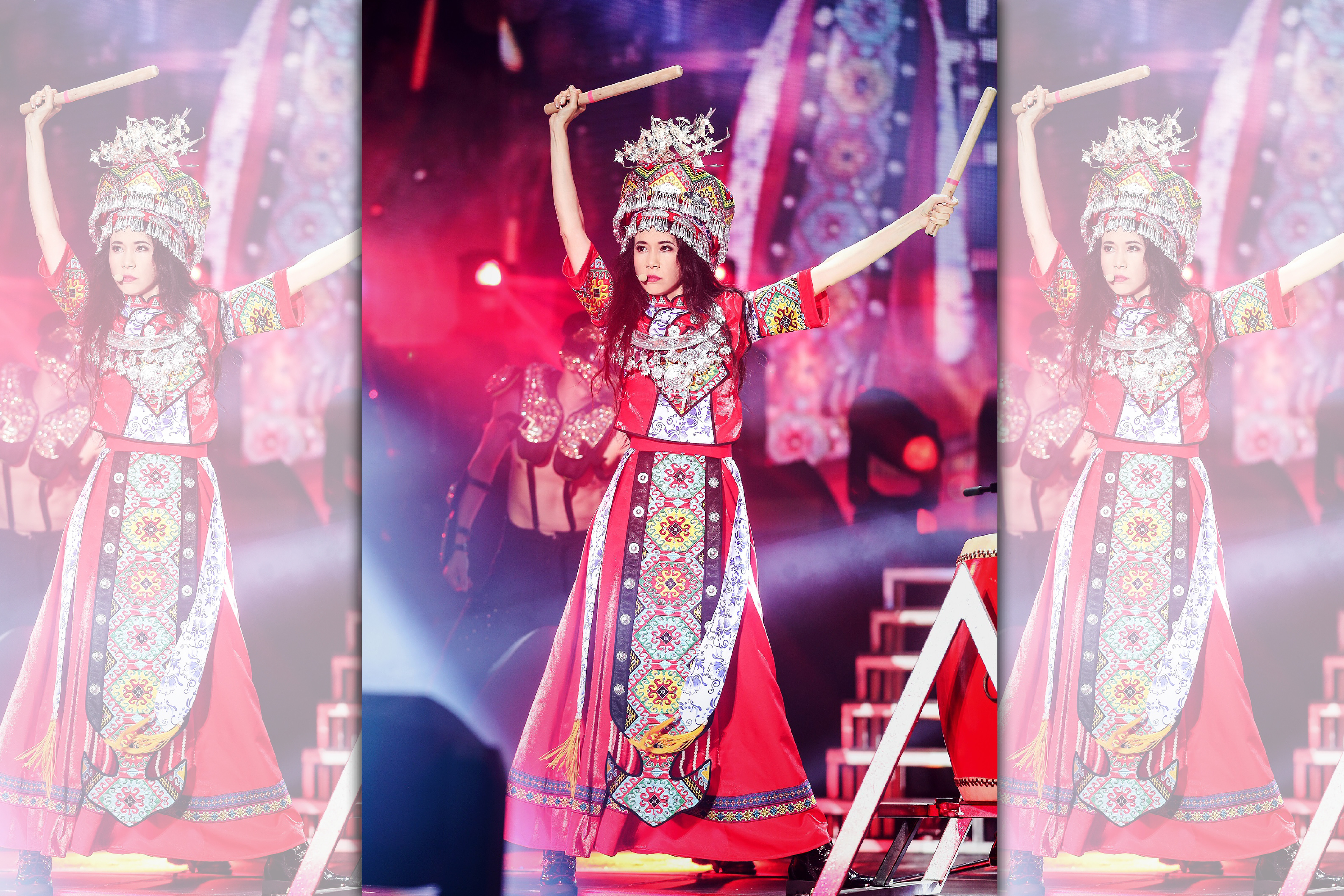 莫文蔚感謝「真愛」獻出誠意，特地盛裝打扮成土家族姑娘載歌載舞。（莫家寶貝工作室提供）