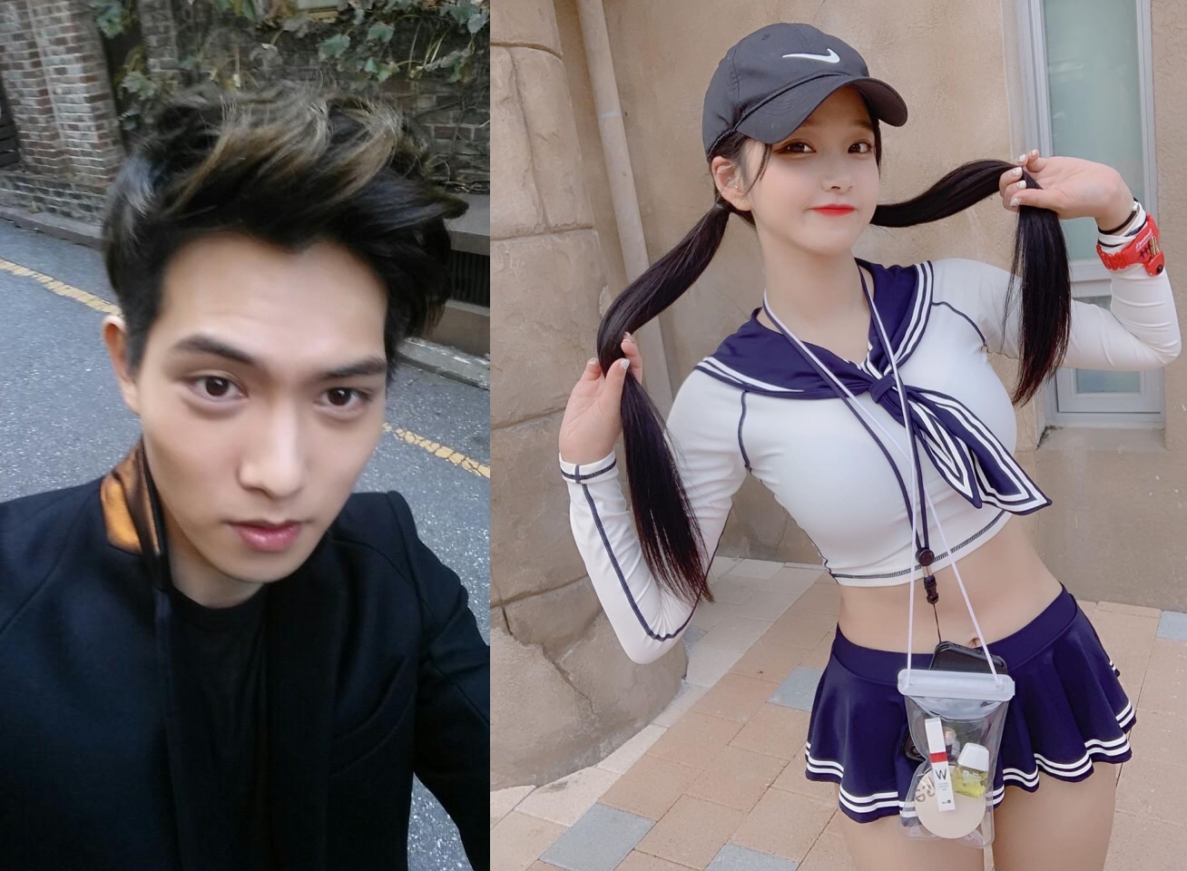 韓人氣網紅（右）收到疑似CNBLUE李宗泫（左）傳送的私訊，稱讚她的肚子肉很可愛。（合成網路片）