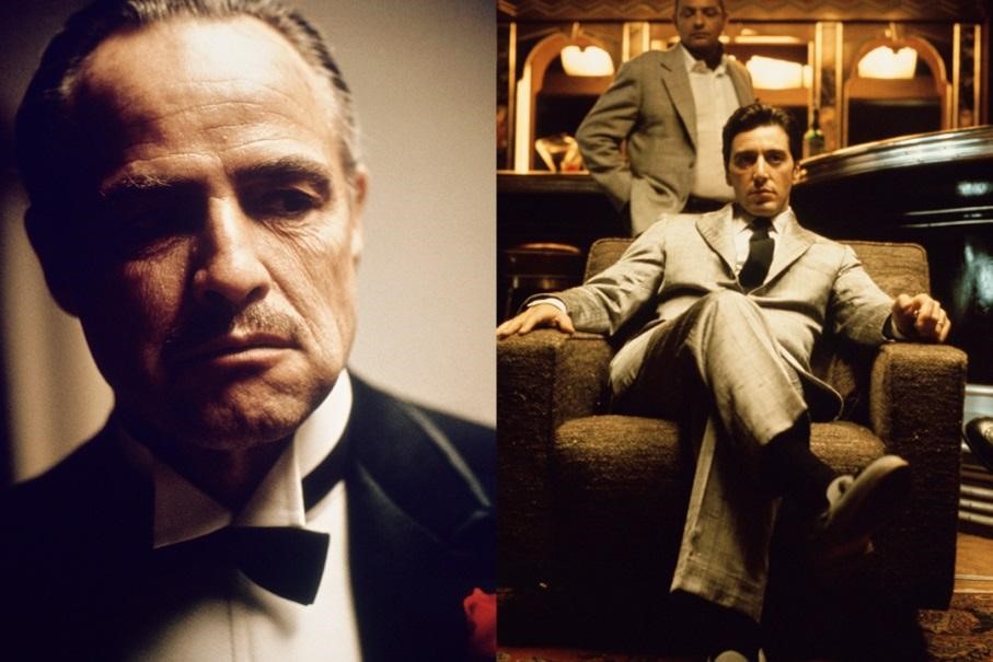馬龍白蘭度（左） 飾演的第一代教父維托柯里昂與艾爾帕西諾（右）飾演的教父之子麥可柯里昂。（捷傑電影提供）