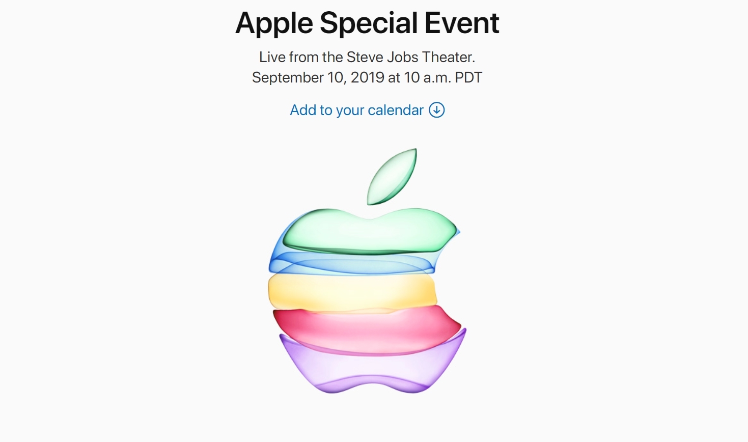 這次蘋果邀請函以彩色透明蘋果Logo為主視覺，包括綠色、藍色、黃色、紅色及紫色，其中綠色及紫色很有可能是預告即將推出的新色iPhone。（翻攝自蘋果官網）