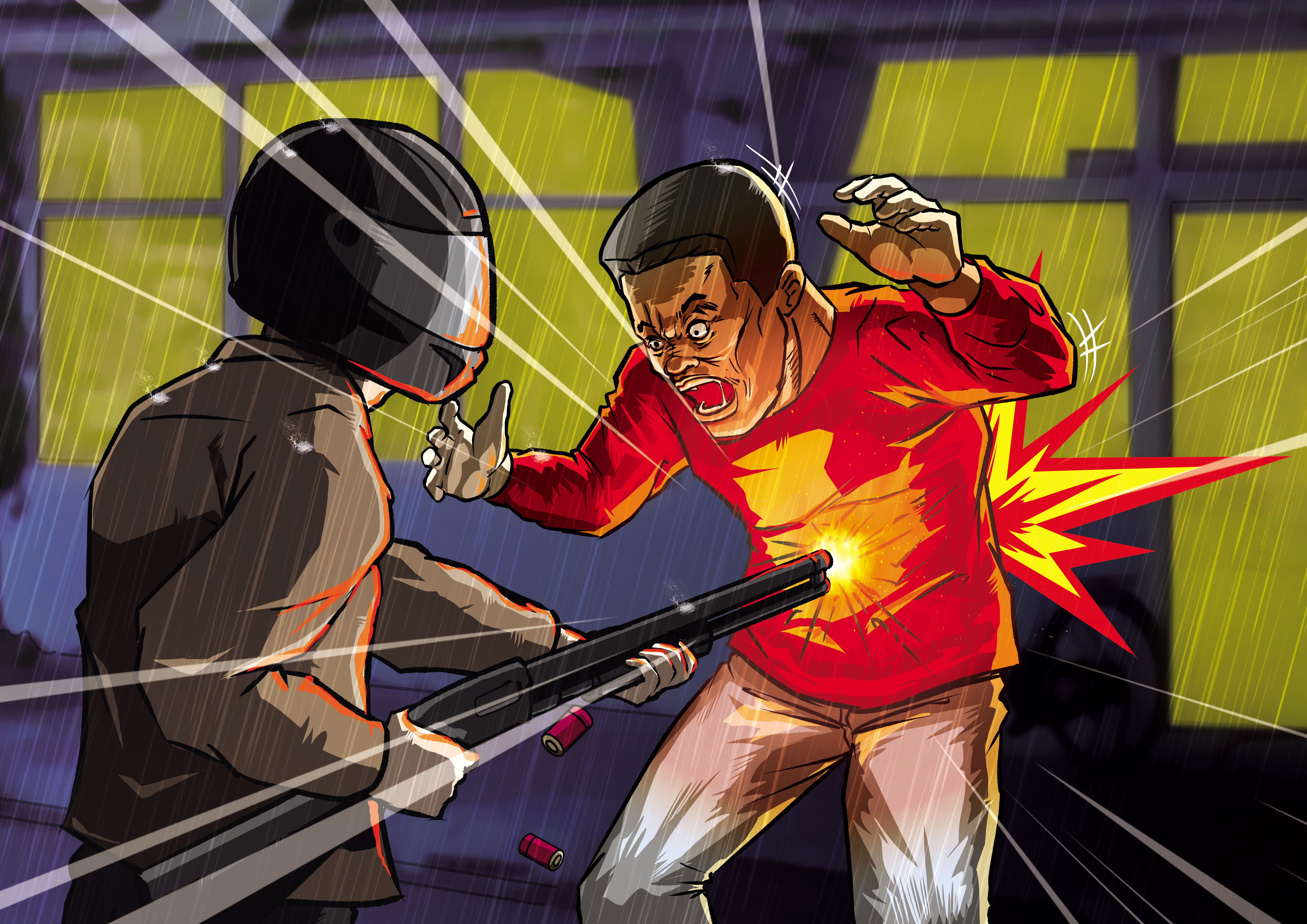 槍手劉瑞堂（左）在員警林進忠（右）妻子開的藝品店前，持霰彈槍射殺林。