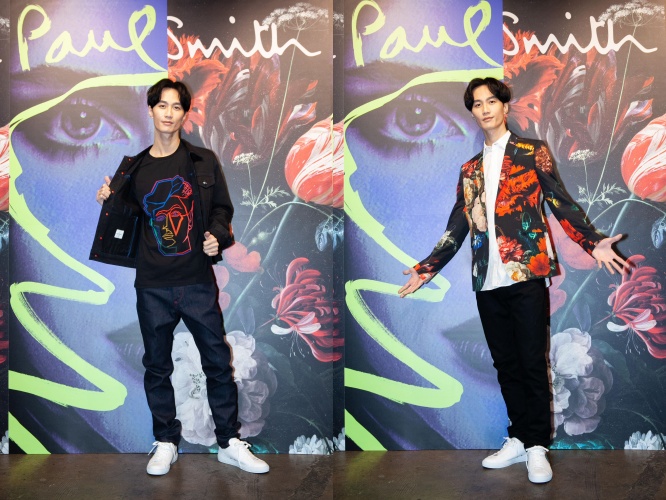 李英宏透露自己長得跟服裝上的人臉很像。（左）人臉圖像丹寧夾克NT$26,500、霓虹人臉圖像黑色短袖上衣NT$9,800、丹寧長褲NT$14,500、塗鴉白色休閒鞋NT$21,500。（藍鐘提供）