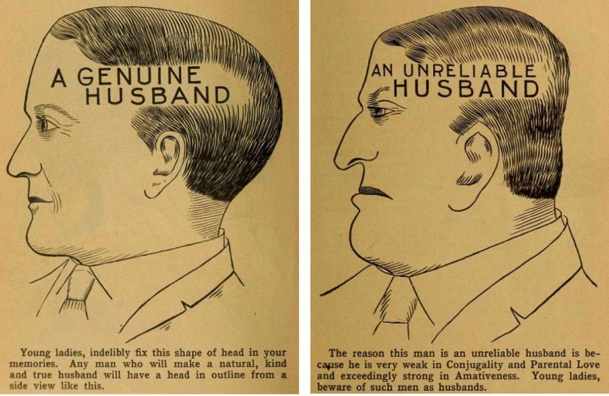 二十世紀初的一本數中教人如何以頭型判斷性格。左邊頭型是真心老公，右邊頭型則為不可靠的老公。（網路截圖：archive.org/nytimes）