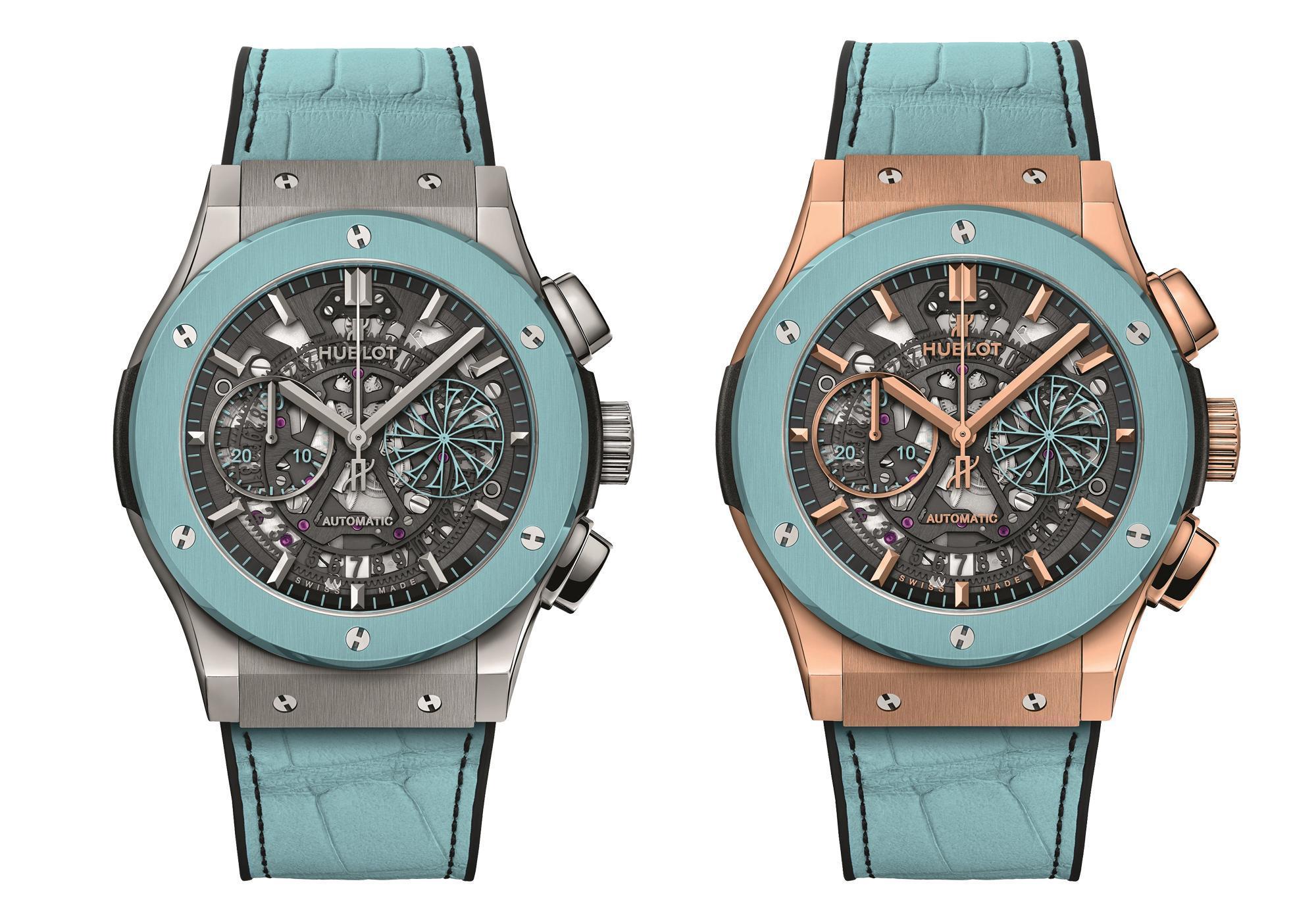 HUBLOT米克諾斯計時碼錶，錶徑45mm，鈦金屬款NT$ 550,000（左）、皇金款NT$ 1,050,000（右）。限量50只，僅在米克諾斯獨賣。