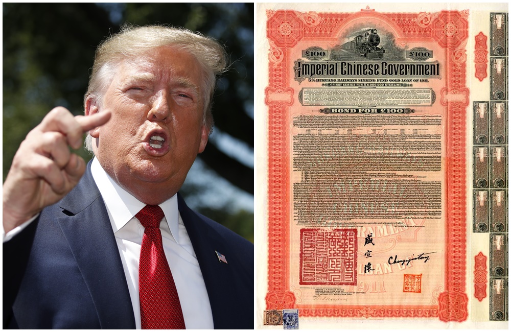 根據彭博社報導，川普政府擬向中共政權提出償還自清朝起超過1兆美元債券的要求。（左圖取自東方IC、右圖翻攝自彭博社）