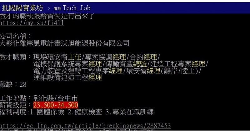 沃旭能源的低薪徵才掀起網友熱議,後被證實是誤植。(翻攝自批踢踢)