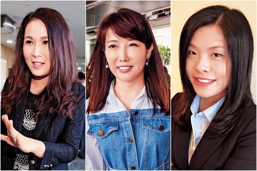 郭台銘辦公室持續擴編，除了永齡慈善基金會執行長劉宥彤（左起），新增蔡沁瑜、高虹安等美女幕僚群。（右圖翻攝自推特）