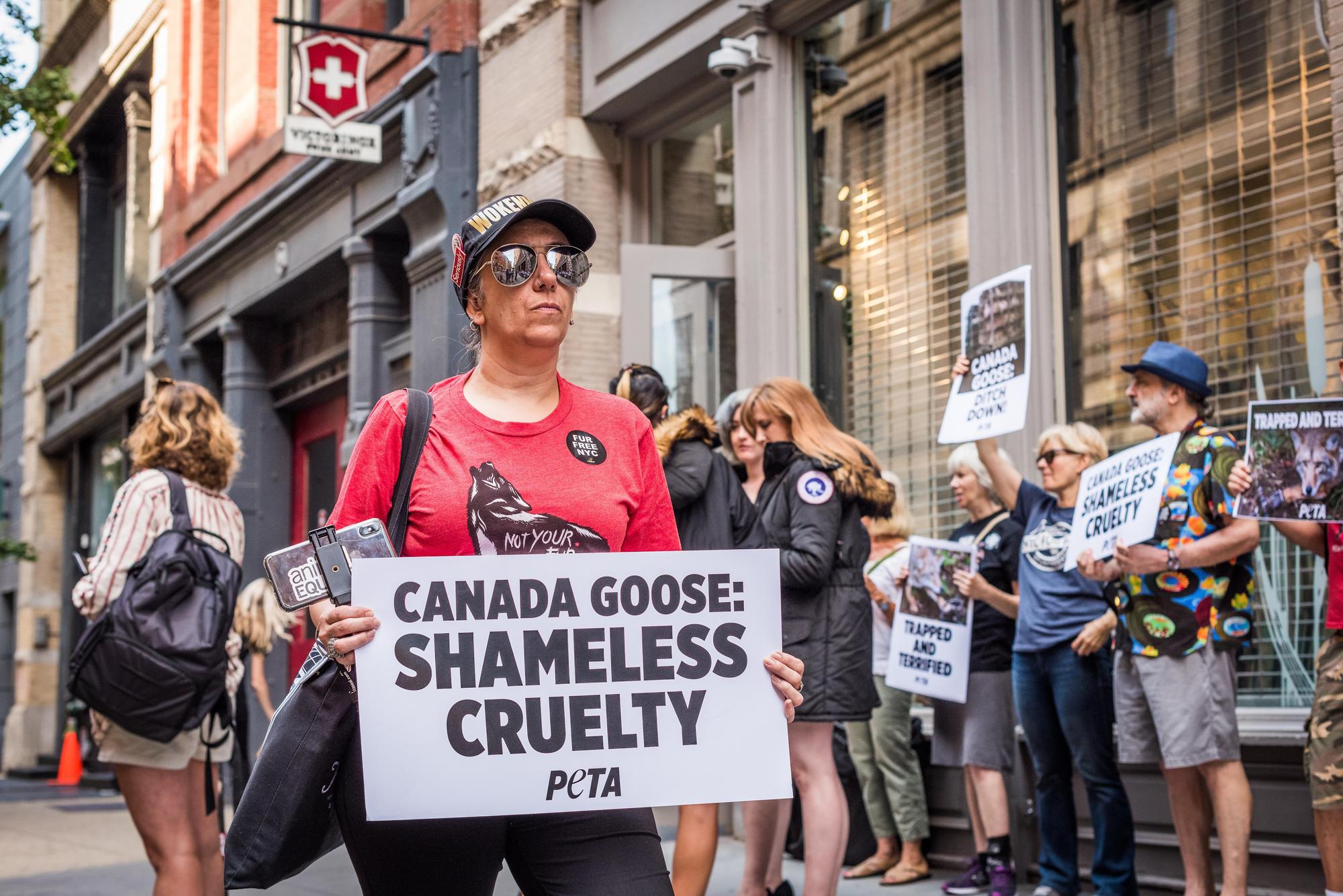 加拿大精品廠牌Canada Goose因涉虐待動物，遭人在股東會場外持標語抗議。（東方IC）
