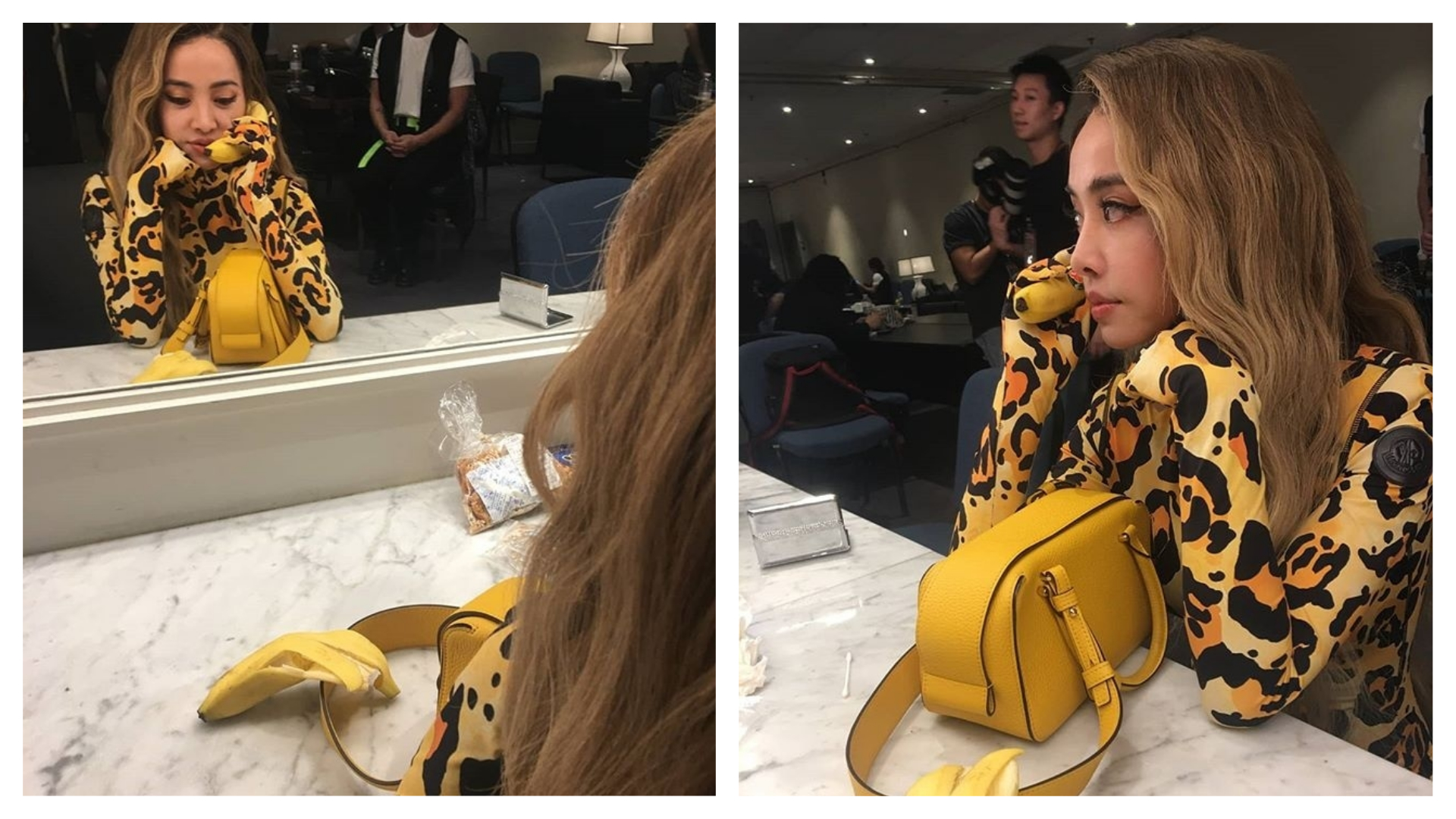 蔡依林身穿0 Moncler Richard Quinn新裝參加《全球華人歌曲排行榜》，桌上放 豔黃色Delvaux Cool box，搞笑稱自己「黃黃的一大片」。（翻攝自蔡依林IG）